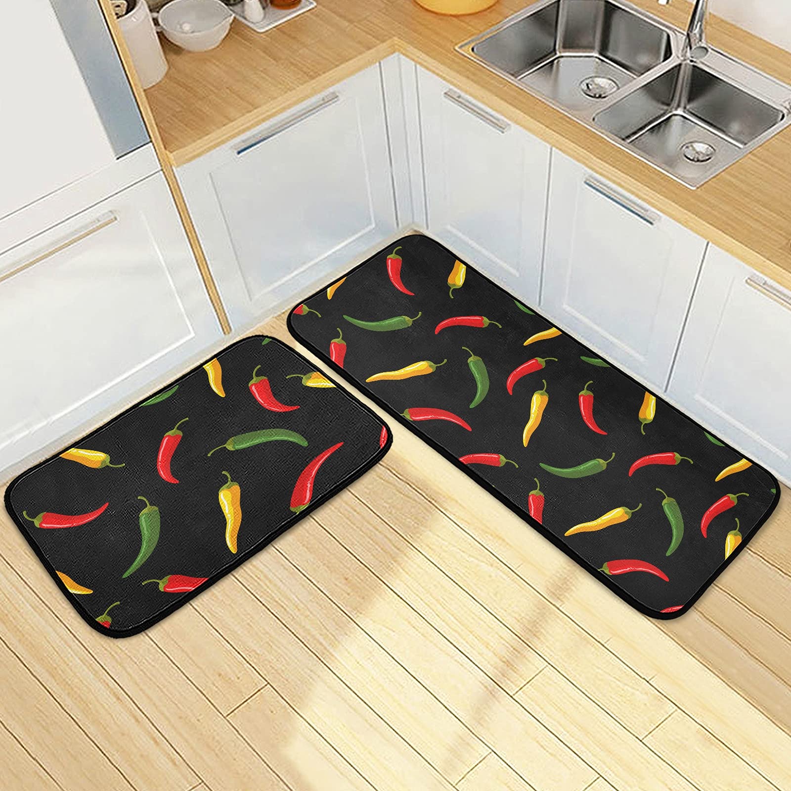 Colorful Chili Pepper Kitchen Rugs - Anti-Fatigue Non-Slip Mats for Cooking & Laundry
