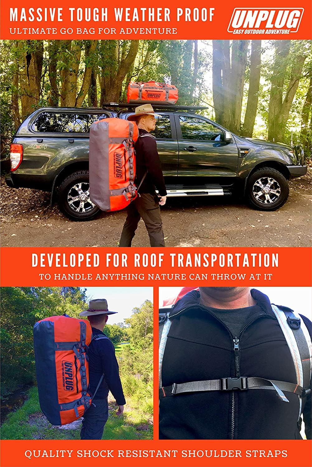 UNPLUG Ultimate Adventure Bag - 1680D Heavy Duty Waterproof Travel Duffel Bag for Camping, Hiking & Outdoor Activities | Motorcycle Dry Bag & Waterproof Boat Bag | Tactical Duffle Backpack for Travel, Military & Emergency Preparedness