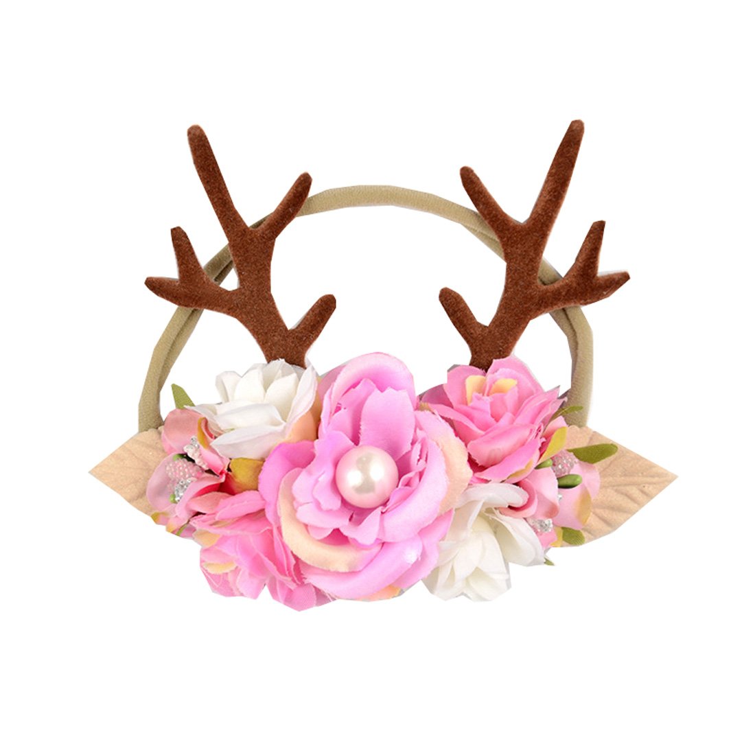 Baby Antler Headband - Newborn Rose Floral Crown Wreath Berry Headpiece for Photography, Halloween Costume, Christmas Party & Baby Shower Decorations