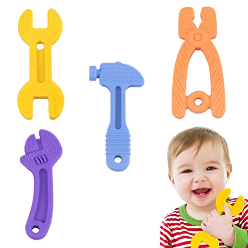 BPA Free Silicone Baby Teething Toys for 0-12 Months - Hammer, Wrench, Spanner & Pliers Shaped Teether Set for Boys & Girls | Safe Chew Toys for Soothing Sore Gums | Perfect for Home, Travel & Daycare Use