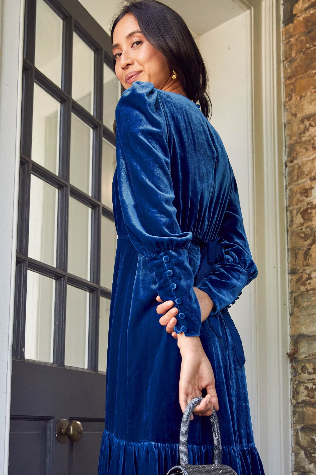 Esmee Women's Velvet Dress - Blue Sapphire Elegant Evening Gown for Parties, Weddings & Special Occasions