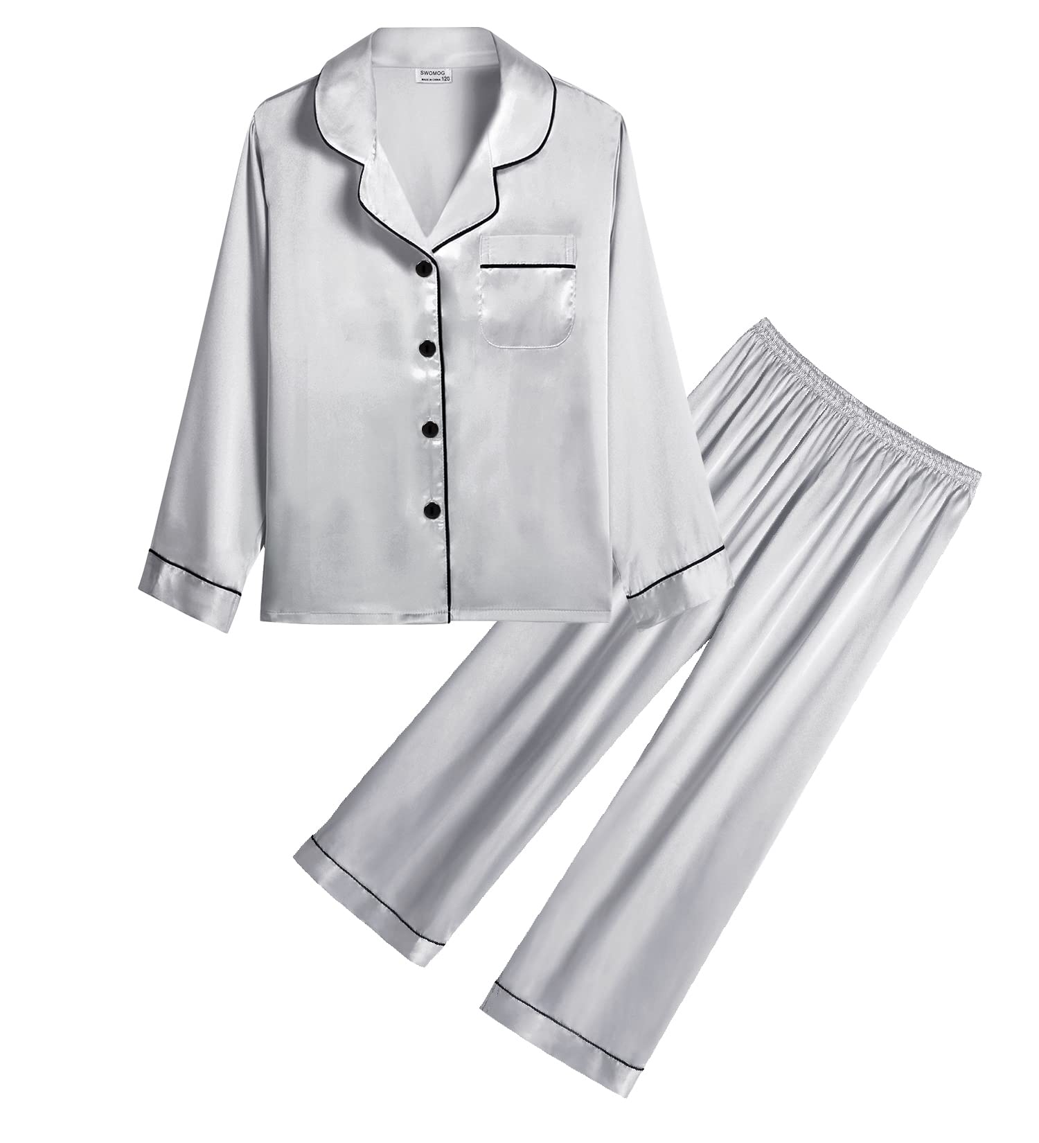 SWOMOG Kids Silk Satin Pajama Set for Girls & Boys - Soft Button-Down 2-Piece Sleepwear with Long Sleeves, Comfortable White PJs for Bedtime & Lounge Wear - Perfect for Sleepovers, Family Nights & Cozy Relaxation