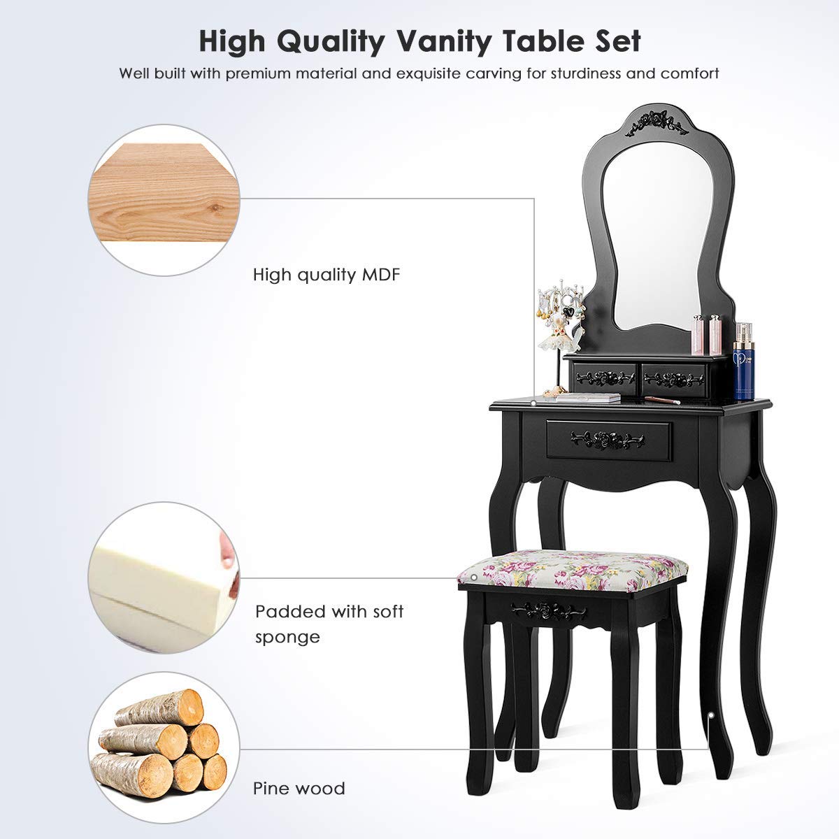 Vanity Table Set with Stool & Mirror - Multifunctional Makeup Dressing Table, Writing Desk with Drawers, Fan-Shaped Mirror & Cushioned Stool - Contemporary White Dressing Table for Bedroom, Home Office & Beauty Salon Use