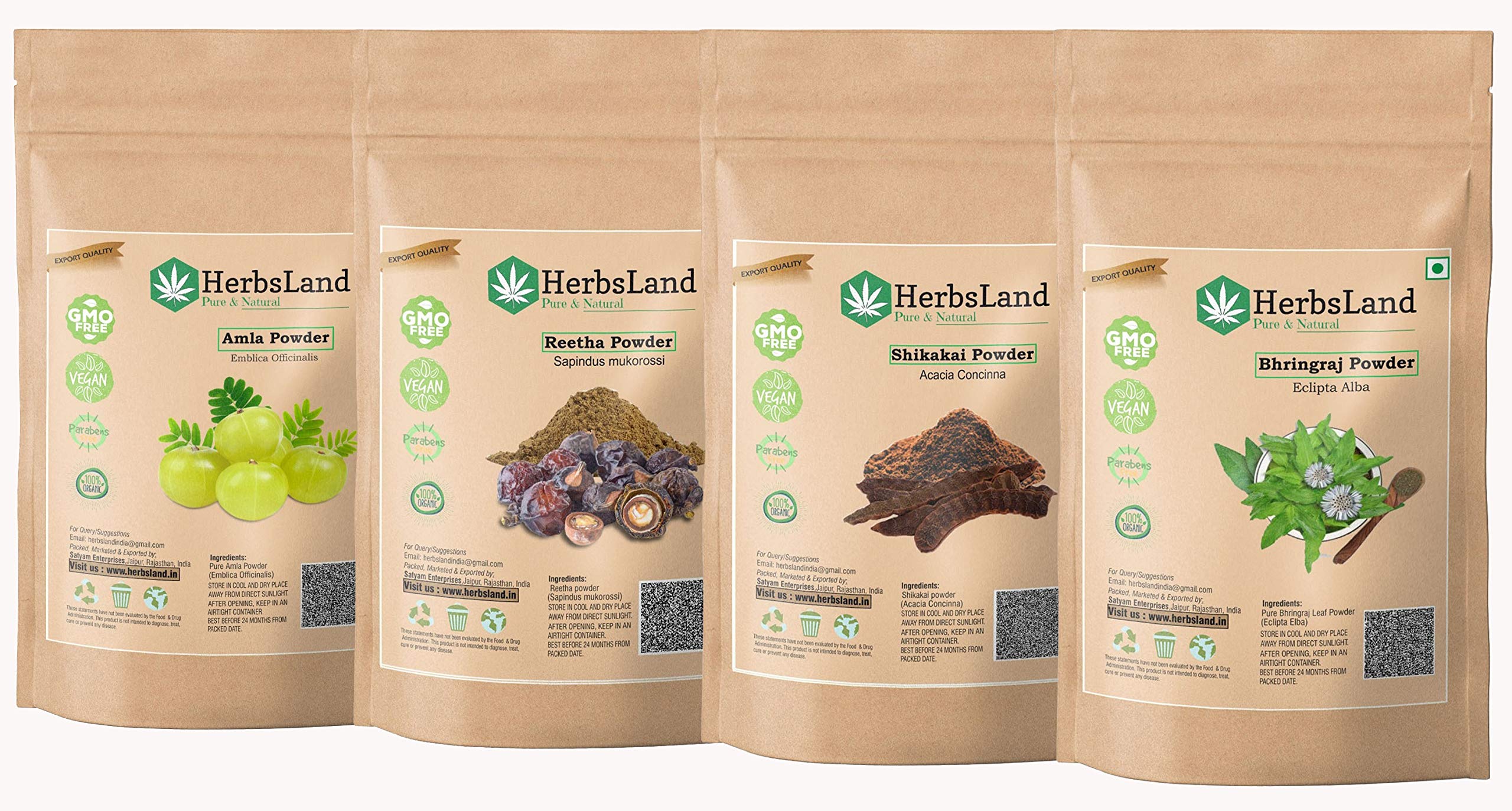 HerbsLand® Pure Bio Organic Amla Reetha Shikakai Bhringraj Powder for Face, Skin & Hair Care | Natural Shampoo & Conditioner for Shiny Hair Growth | Anti-Dandruff Treatment | 100% Organic Ayurvedic Herbal Blend (50g & 200g) | Perfect for Daily Hair Wash, Scalp Treatment & Natural Beauty Routine