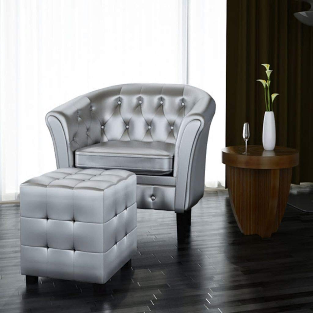 Modern Silver Faux Leather Tub Chair with Footstool - Barrel Accent Armchair for Living Room, Bedroom, Guest Room | Stylish Seating for Cafés, Hotels & Home Decor