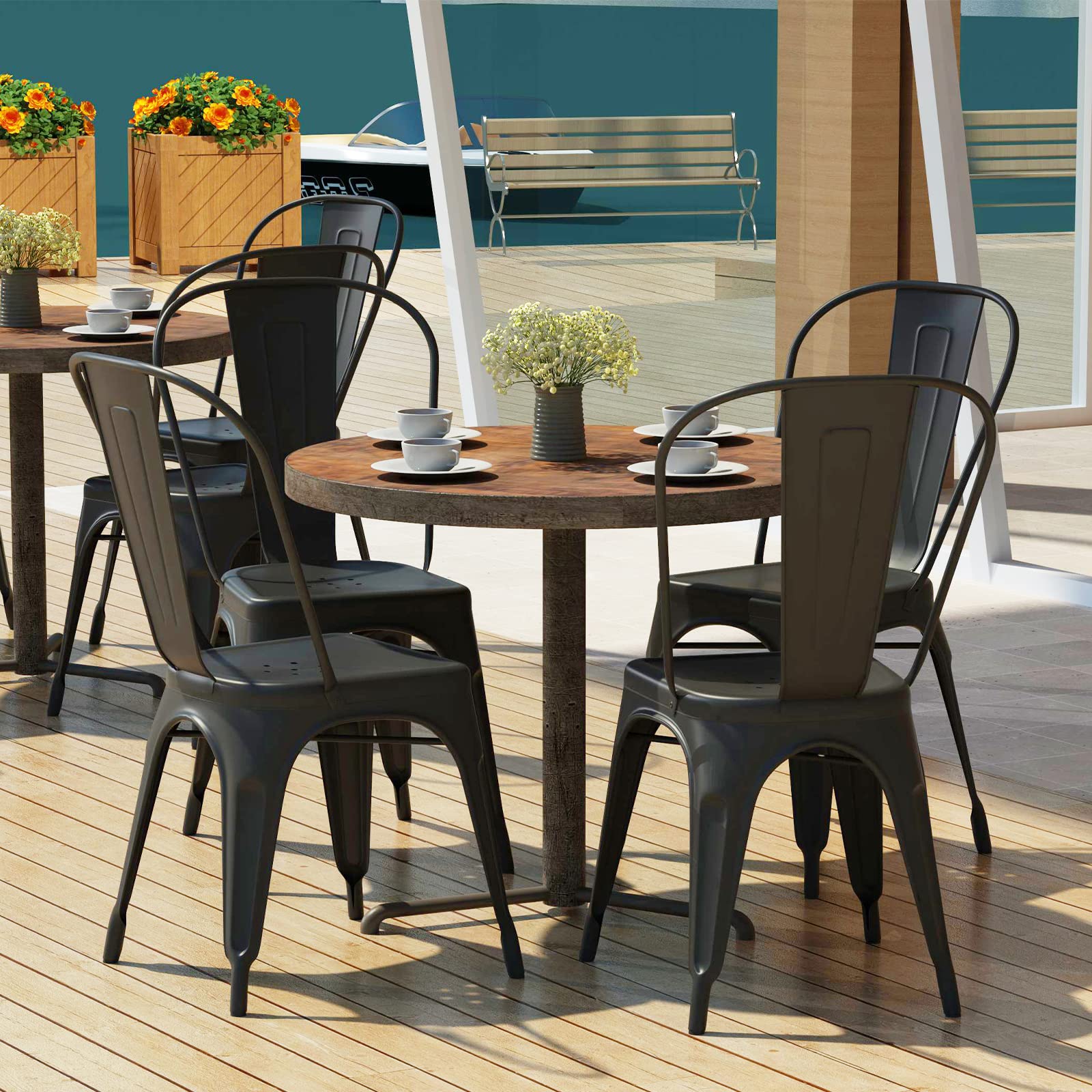 Hironpal 4-Pack Stackable Metal Dining Chairs with Detachable Backrest - Matte Black Tolix Style Chairs for Kitchen, Dining Room, Bistro & Cafe | Indoor & Outdoor Use, Commercial & Home Decor