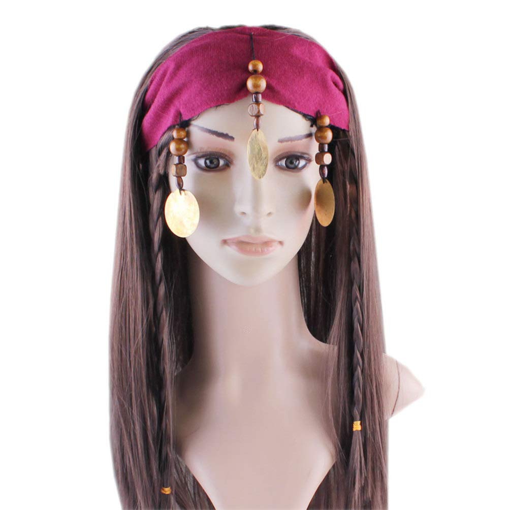 Amosfun Halloween Pirate Wig for Women & Girls - Long Curly Cosplay Costume Wig with Headdress - Perfect for Halloween Parties, Cosplay Events & Themed Dress-Up