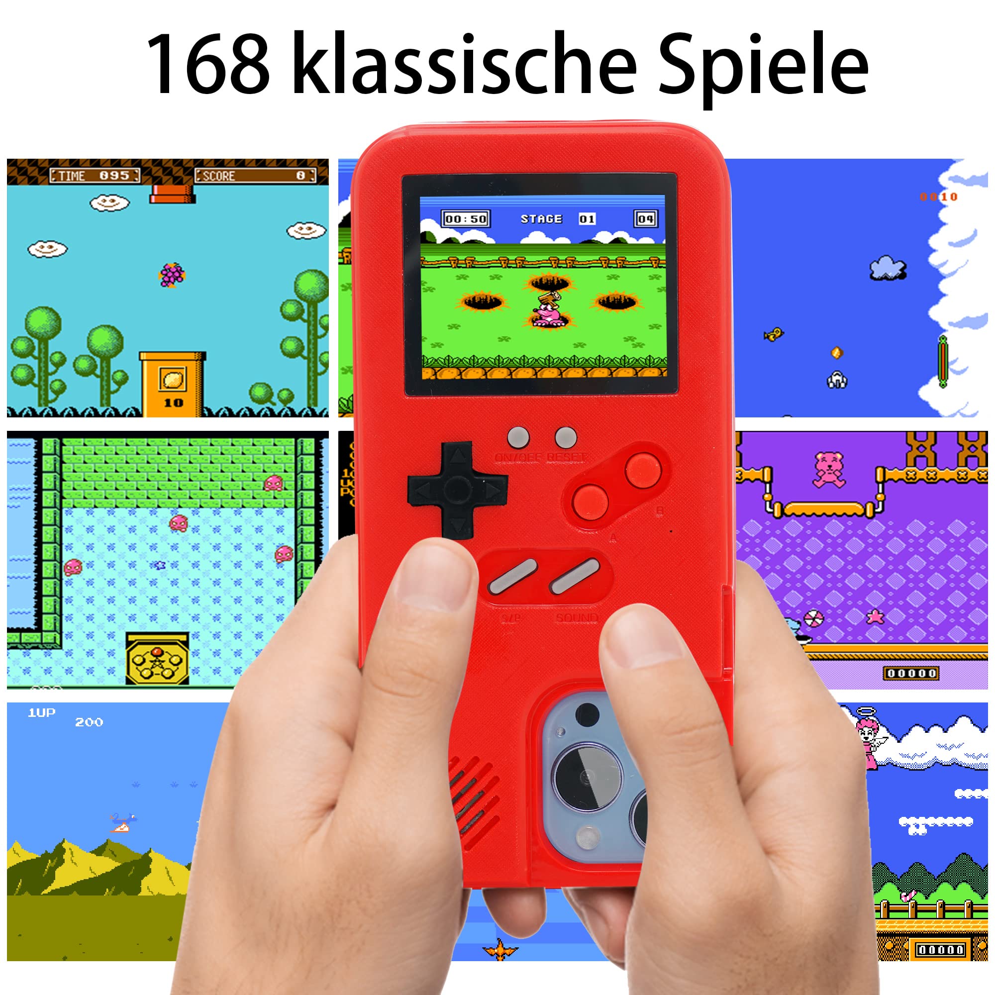 Retro Gameboy Case for iPhone 13/13 Pro - 168 Classic Games with Color Display, Anti-Scratch Shockproof Phone Cover (Red) - Perfect for Gaming Enthusiasts & Nostalgic Entertainment On-The-Go