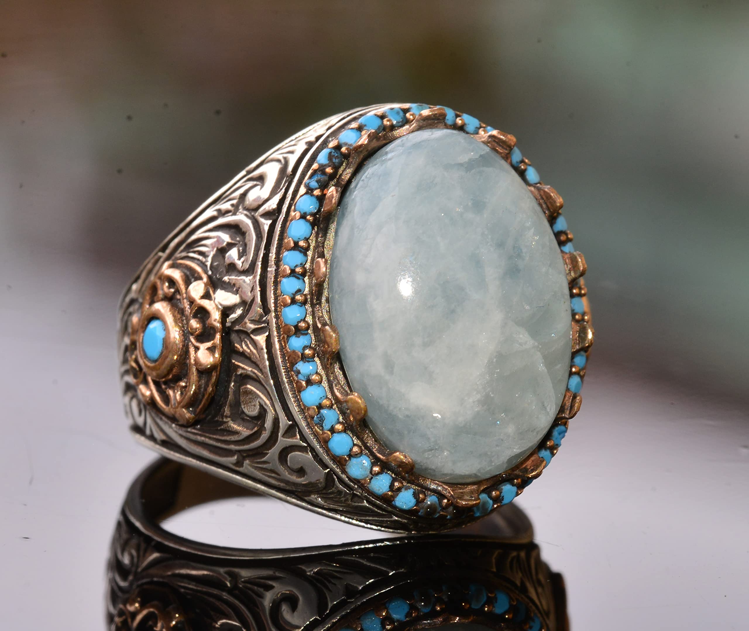 Handmade Sterling Silver Real Natural Larimar Gemstone King Ring for Men | Luxury Statement Jewelry for Weddings, Parties & Gifts