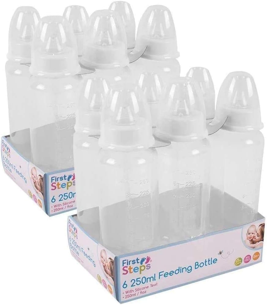6 Pack Clear Baby Feeding Bottles 250ml (9oz) with Soft Silicone Teat & Measuring Gage - BPA Free Newborn Bottles for Breastmilk & Formula - Perfect for Daycare, Travel & Night Feeding