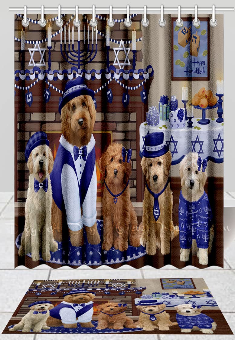 Happy Hanukkah Goldendoodle Dog Bath Mat & Shower Curtain Set - Non-Slip Bathroom Decor with Hooks, Plush Rug & Polyester Curtain (Mat 20