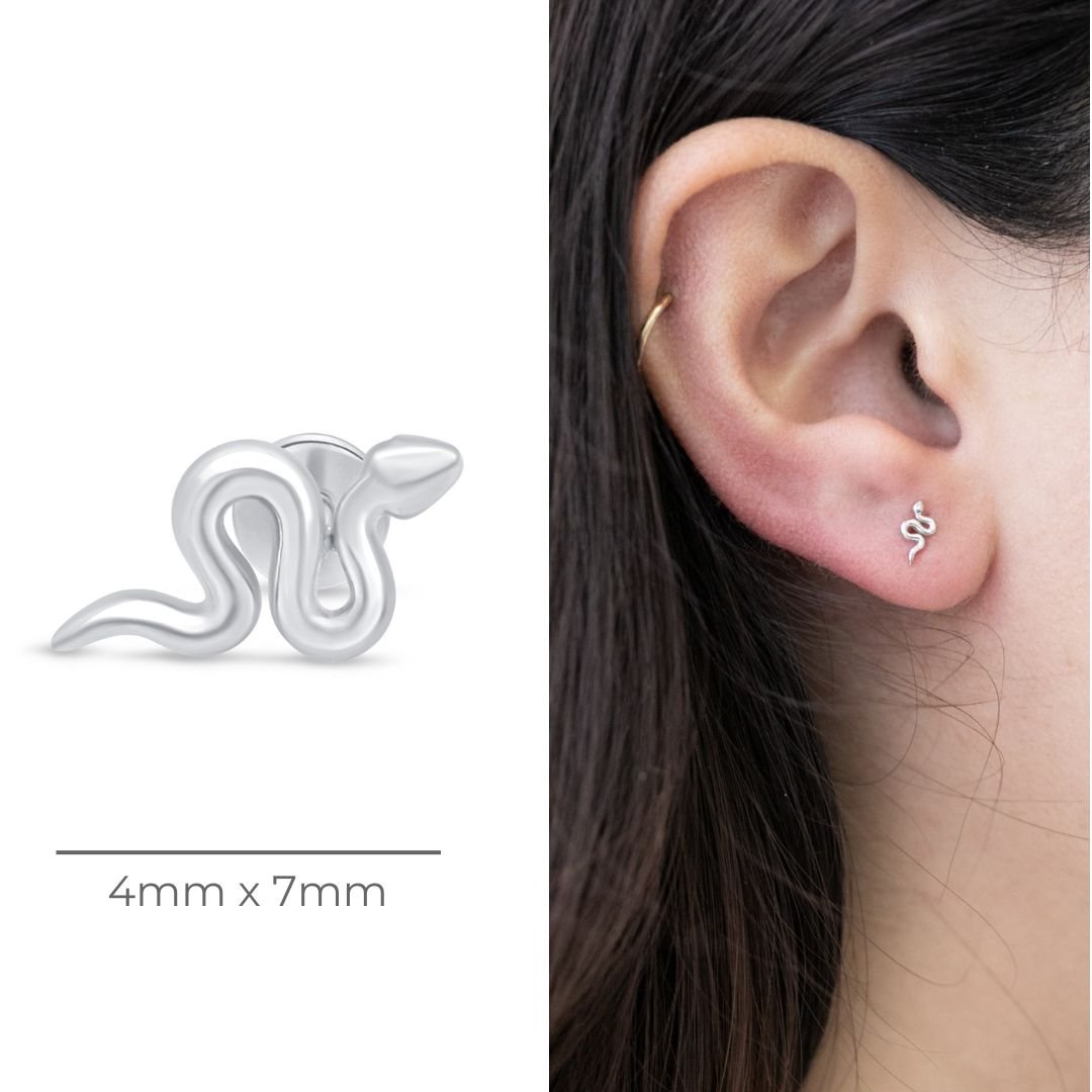 14K White Gold Snake Flat Back Stud Earrings for Women - Hypoallergenic & Durable - Perfect for Everyday Wear, Parties & Gifts