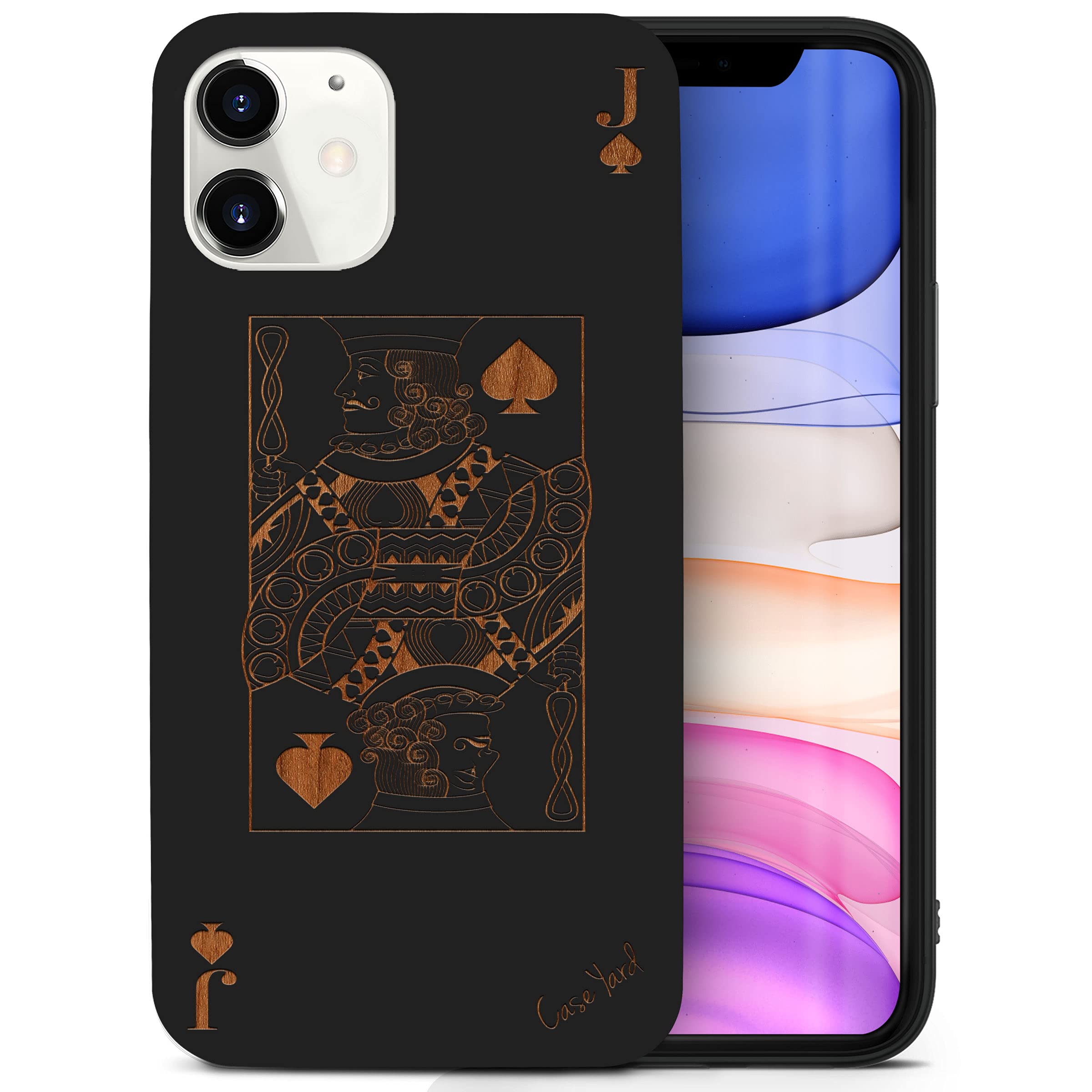 Wooden iPhone 11 Case - Laser Engraved Jack of Spades Design | Shockproof Slim Fit Protective Cover for Men & Women | Perfect for Daily Use, Travel & Outdoor Activities