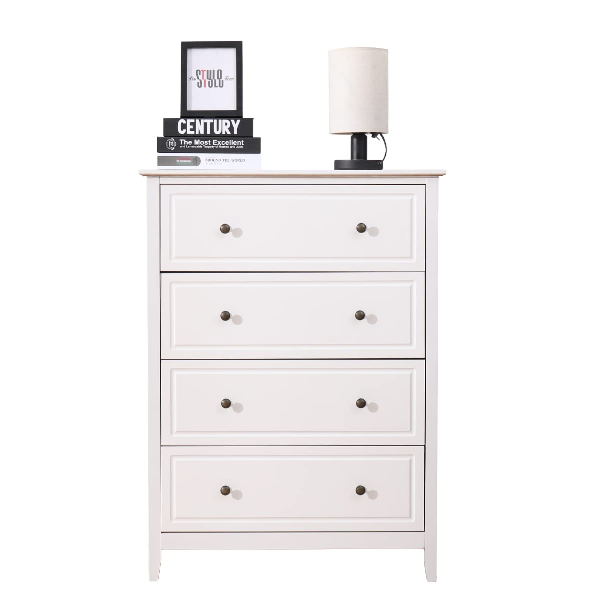 EROMMY 4-Drawer Wooden Dresser Chest - White Storage Organizer for Clothes, Bedroom & Living Room - Perfect for Home Organization & Space Saving