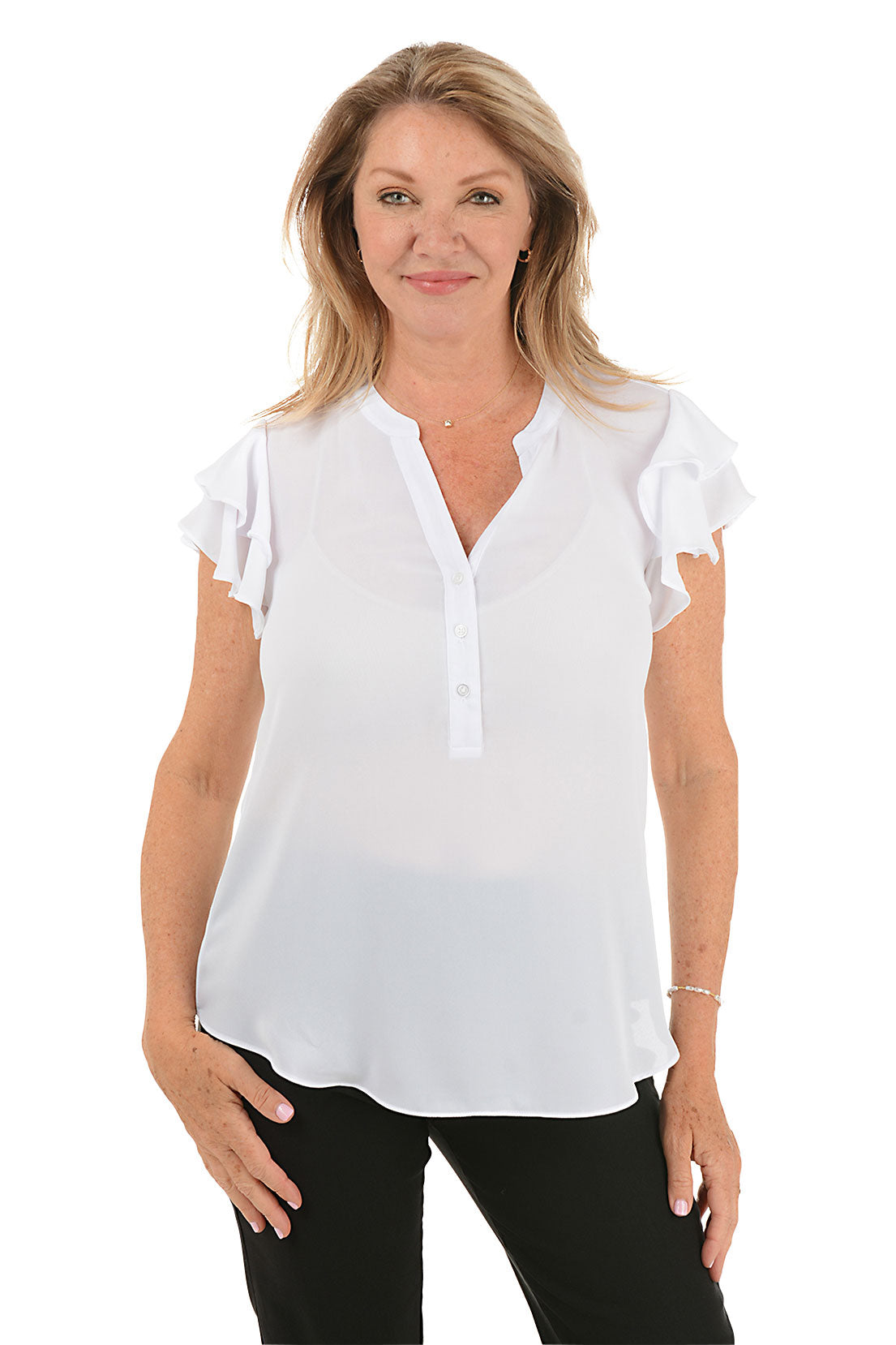 Elegant Solid Color Crepe Ruffled Short Sleeve Blouse for Women - Perfect for Office Wear, Date Nights & Summer Outfits