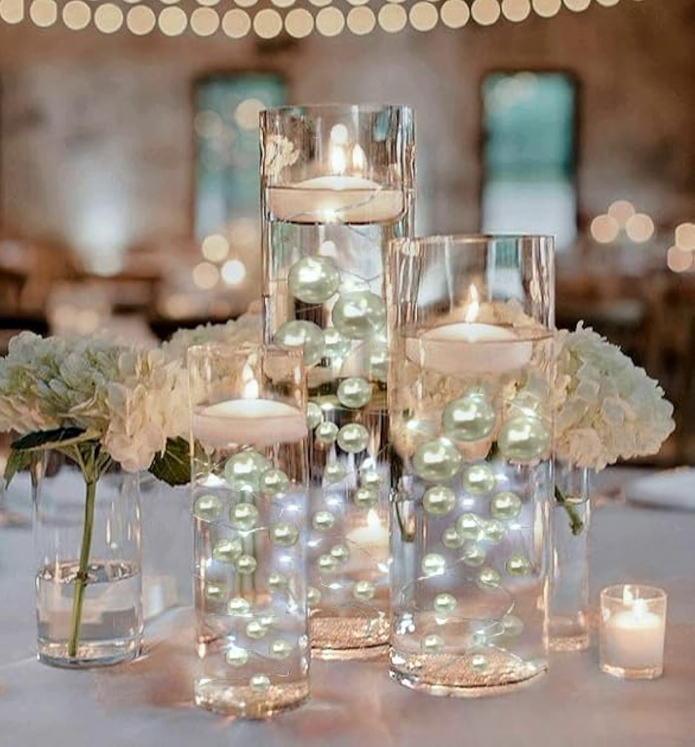 300 Floating White Pearls - Shiny Jumbo Size Pearls for Vases, Fills 4 Gallons with Transparent Gel & Pre-Measured Gel Bags - Includes 12 White Fairy Light Strings for Wedding Centerpieces, Home Decor, and Party Decorations