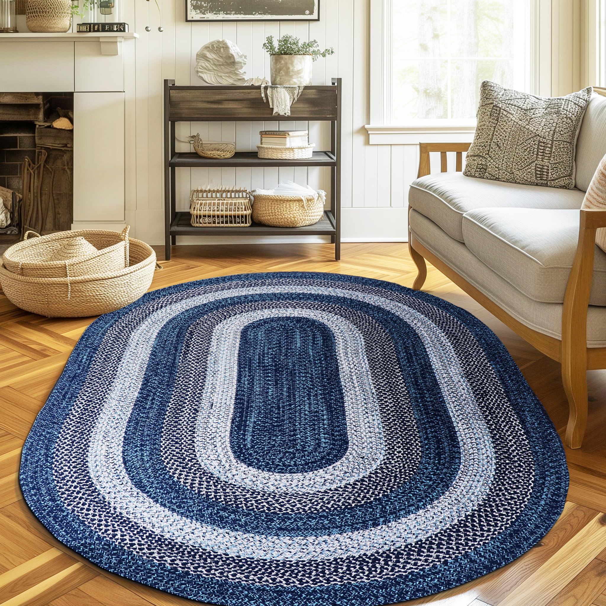 5' x 8' Oval Braided Area Rug - Rustic Aqua Blue/White/Black Washable Indoor/Outdoor Rug for Living Room, Family Room, Patio & Porch | Perfect for Farmhouse Decor & High-Traffic Areas