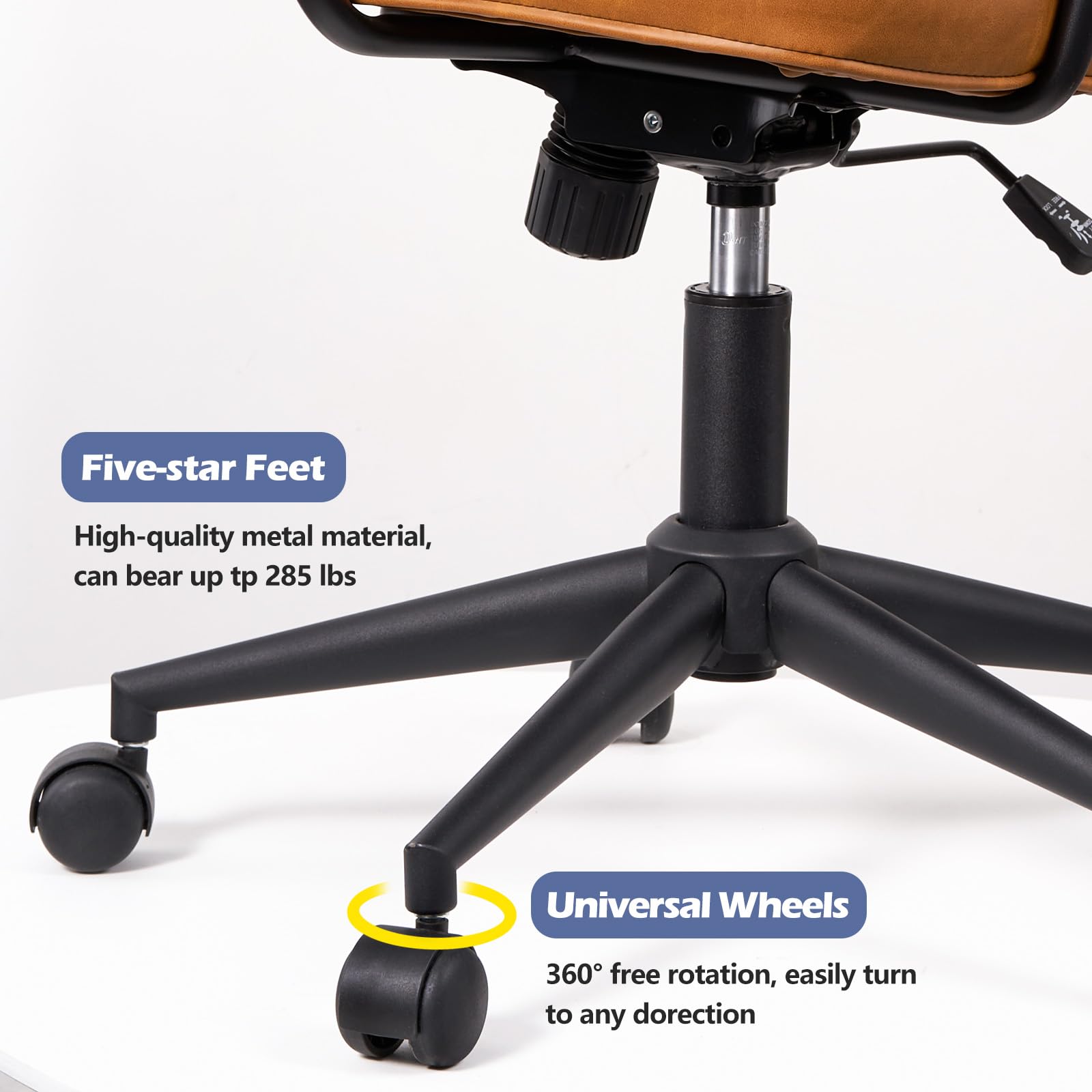 Artswish Brown Leather Mid Century Desk Chair - Adjustable Height & Backrest, Ergonomic Office Chair with Arms & Wheels - Perfect for Home Office, Study Room & Workspace