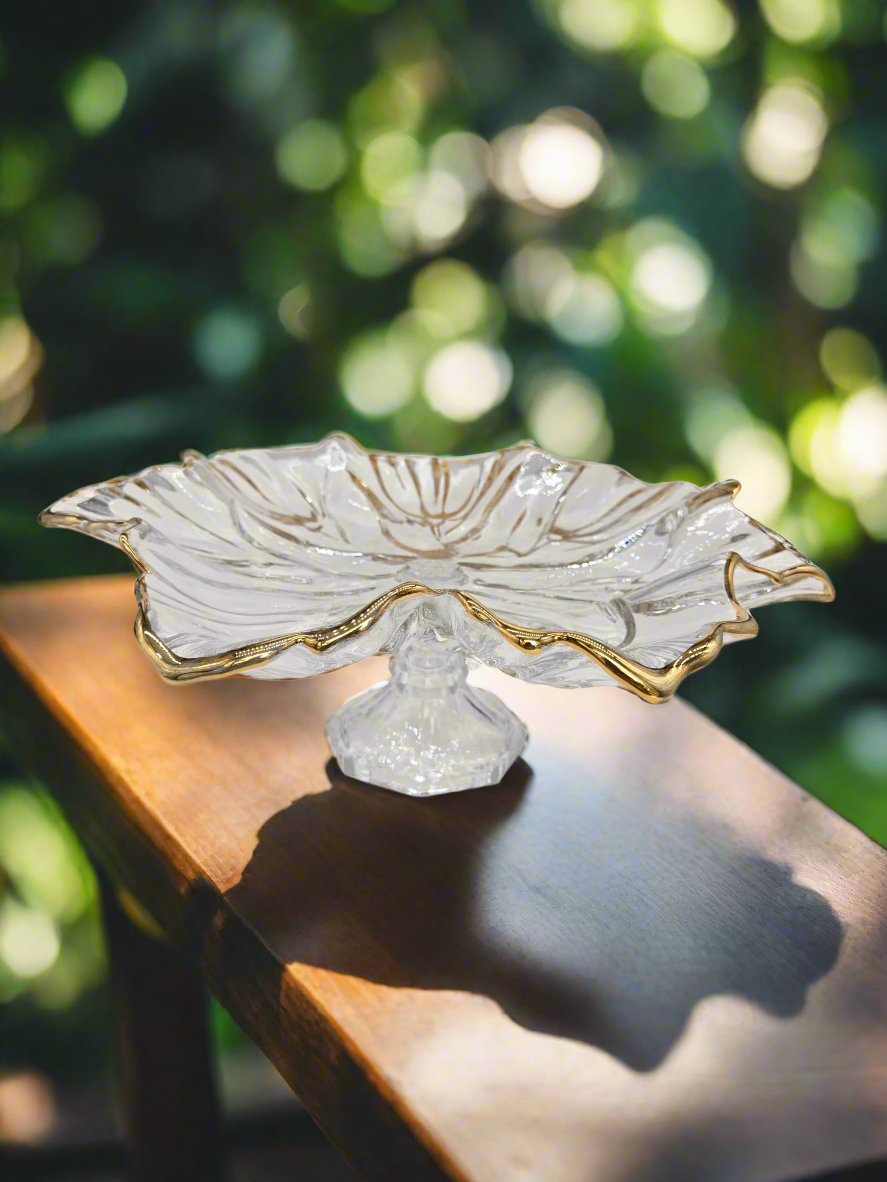 13x7 Footed Glass Plate with Gold Rim - Elegant Serving Dish for Desserts, Appetizers & Party Decor