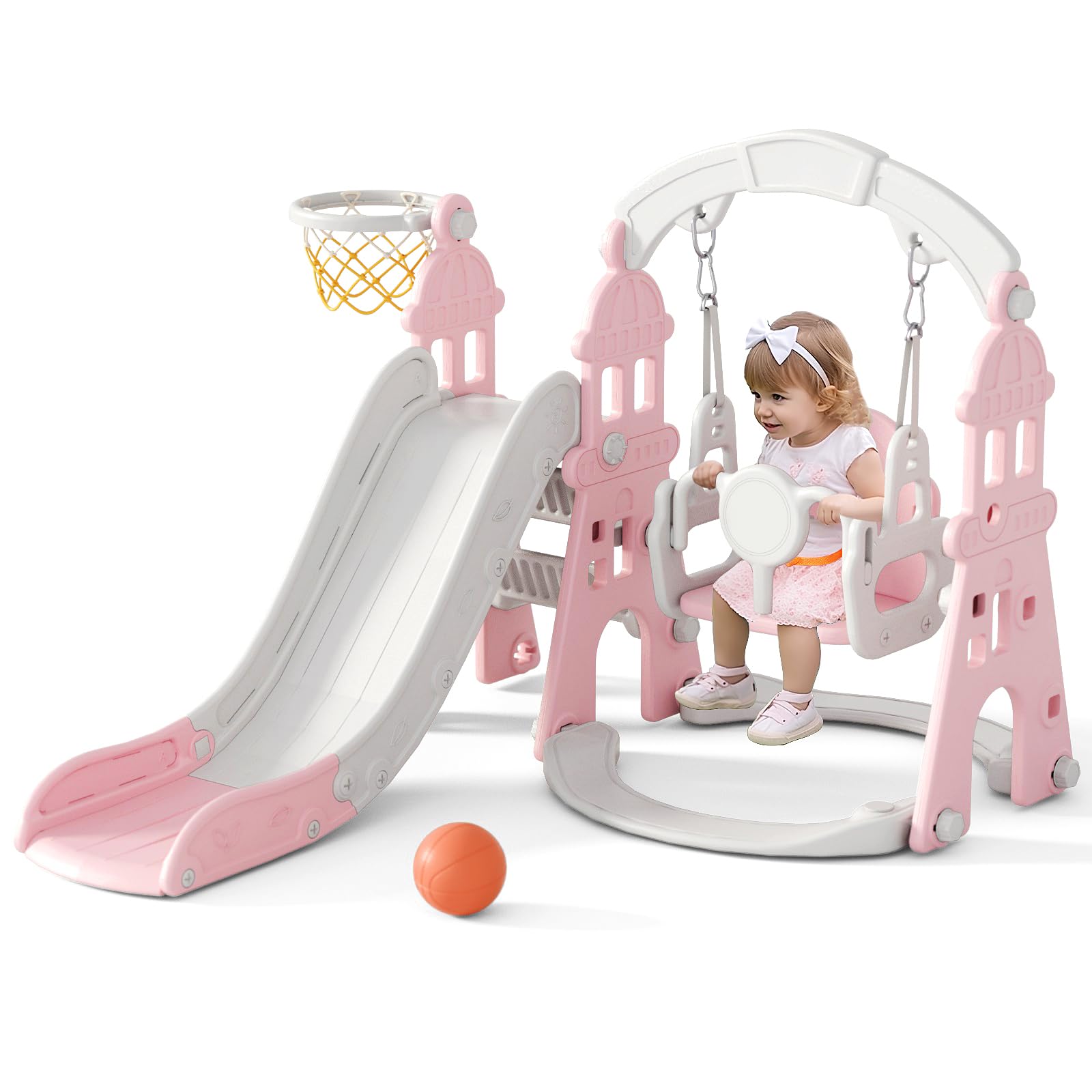 67i Toddler Swing and Slide Set for Kids Age 1-3 Years - Indoor & Outdoor Plastic Playset with Safety Belt, Basketball Hoop, HDPE Material (Pink) - Perfect for Backyard, Garden, Playroom and Preschool Activities