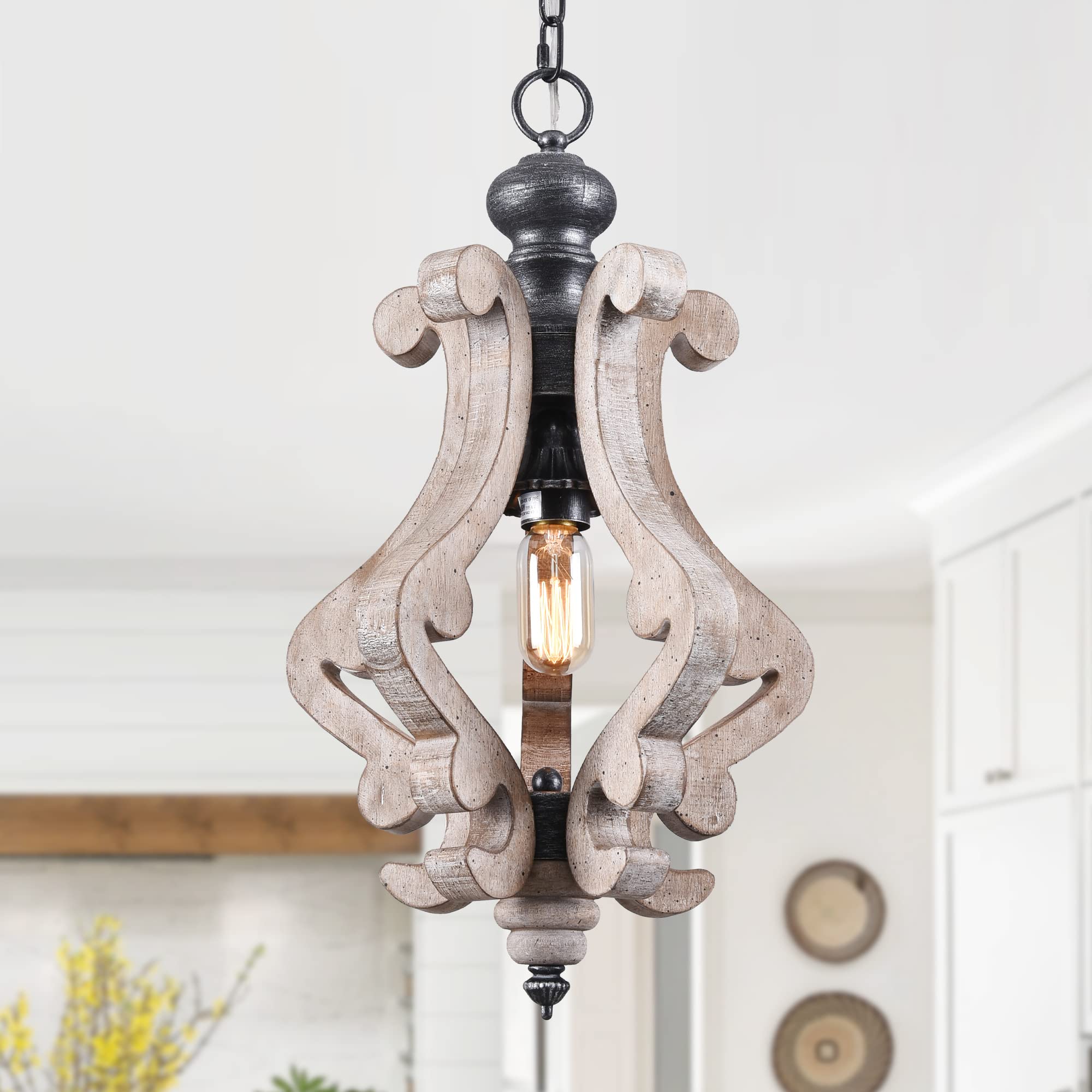 Rustic Wood Pendant Light - Farmhouse Metal Chandelier Fixture for Living Room, Dining Room, Bedroom, Kitchen, Foyer & Hallway - Weathered Wood Ceiling Light - Perfect for Cozy Home Decor & Vintage Interior Design