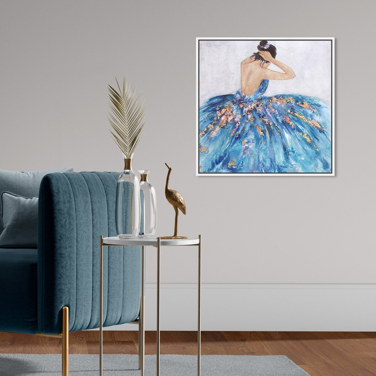 Elegant Princess Dress Glam Blue Framed Canvas Wall Art Print - Blue & Festive Home Decor for Bedroom, Living Room, Nursery | Perfect Gift for Girls, Women & Teens