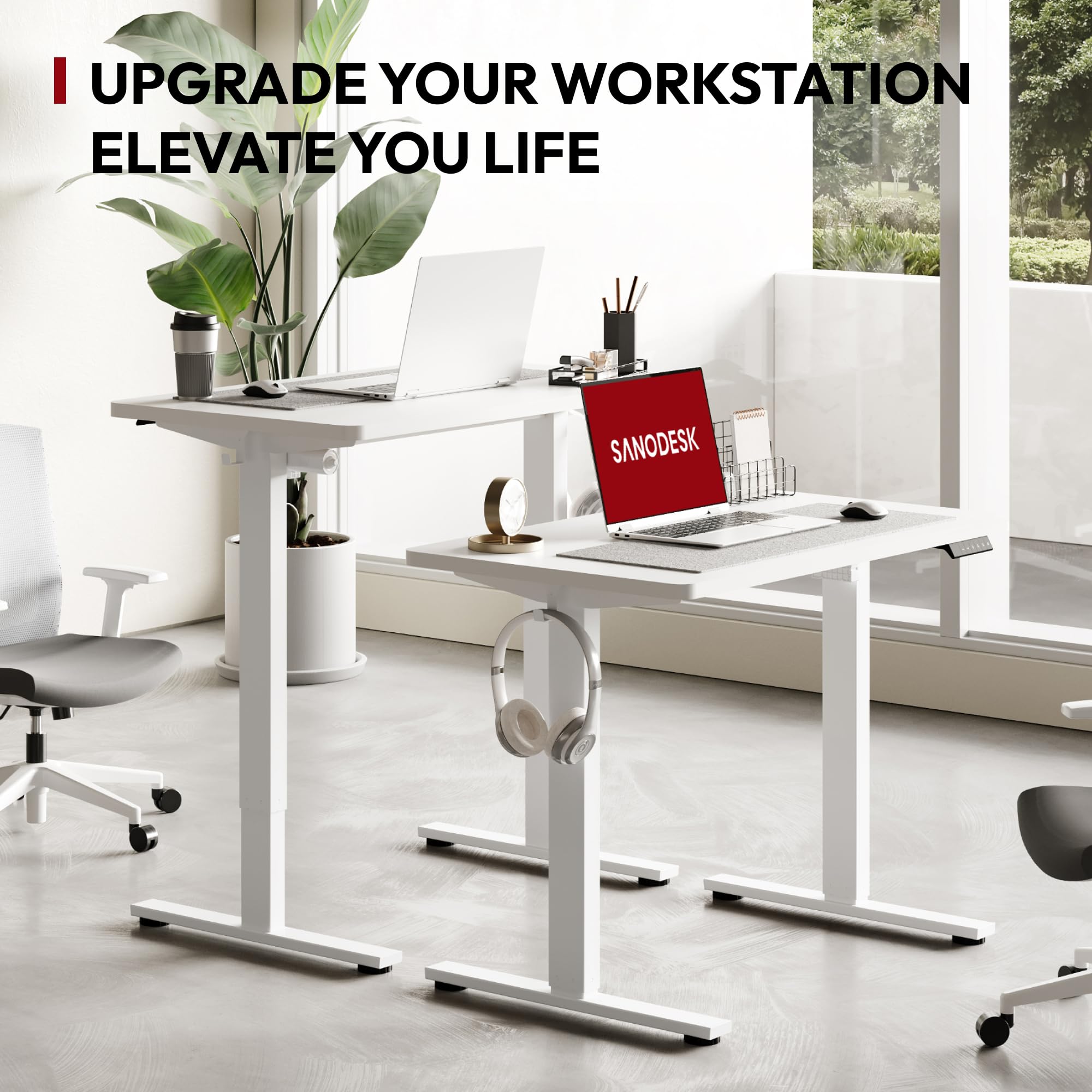 SANODESK 40 x 24 Inches Electric Standing Desk - Height Adjustable Whole-Piece Desktop with 6-Button Controller, Ergonomic Computer Desk for Home Office (White Frame & Tabletop) - Perfect for Remote Work, Gaming Setup & Small Workspaces
