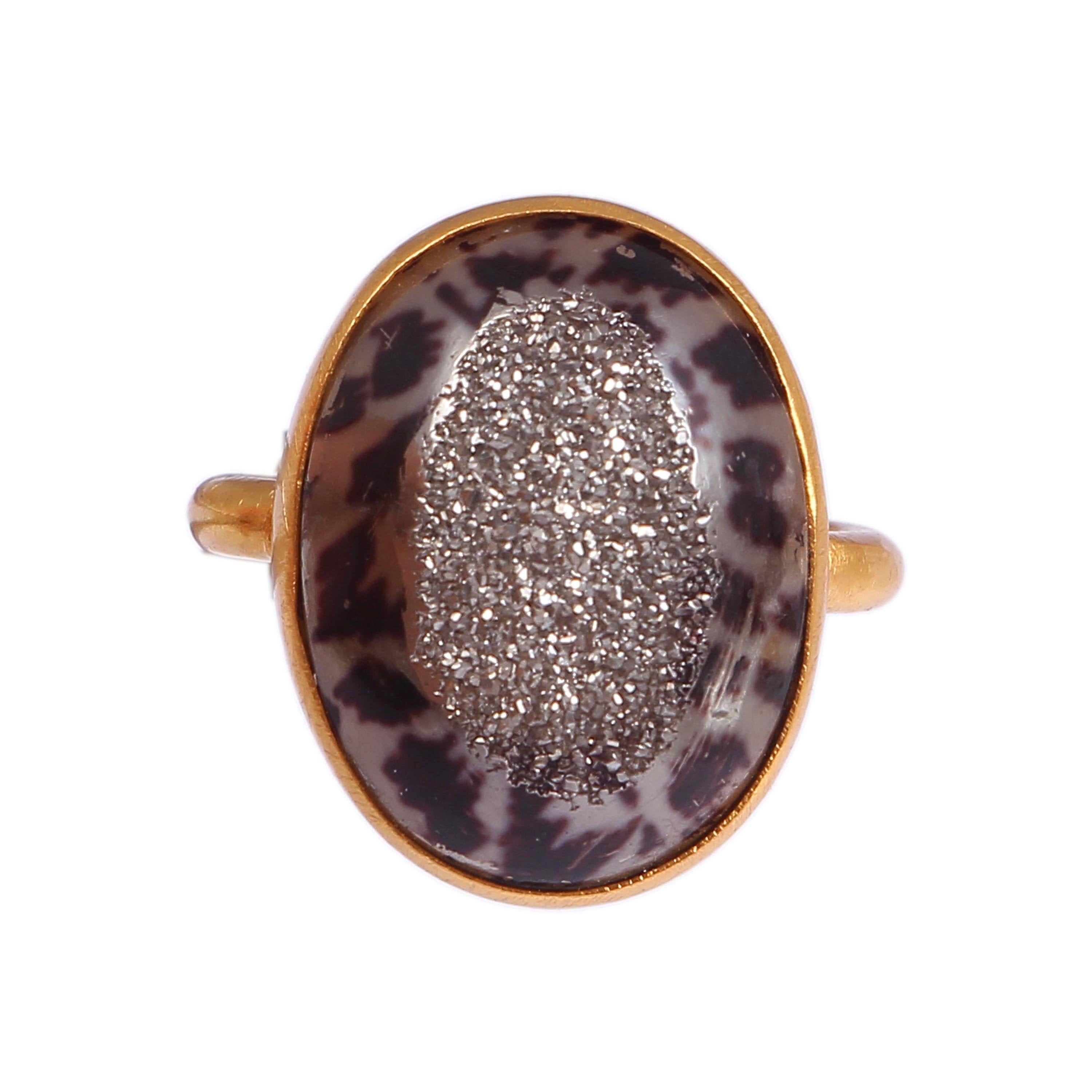 Brass Gold Plated Oval Black Druzy Gemstone Ring - Handmade Boho Minimalist Jewelry for Women - Perfect Gift for Her, Birthday, Anniversary & Everyday Wear