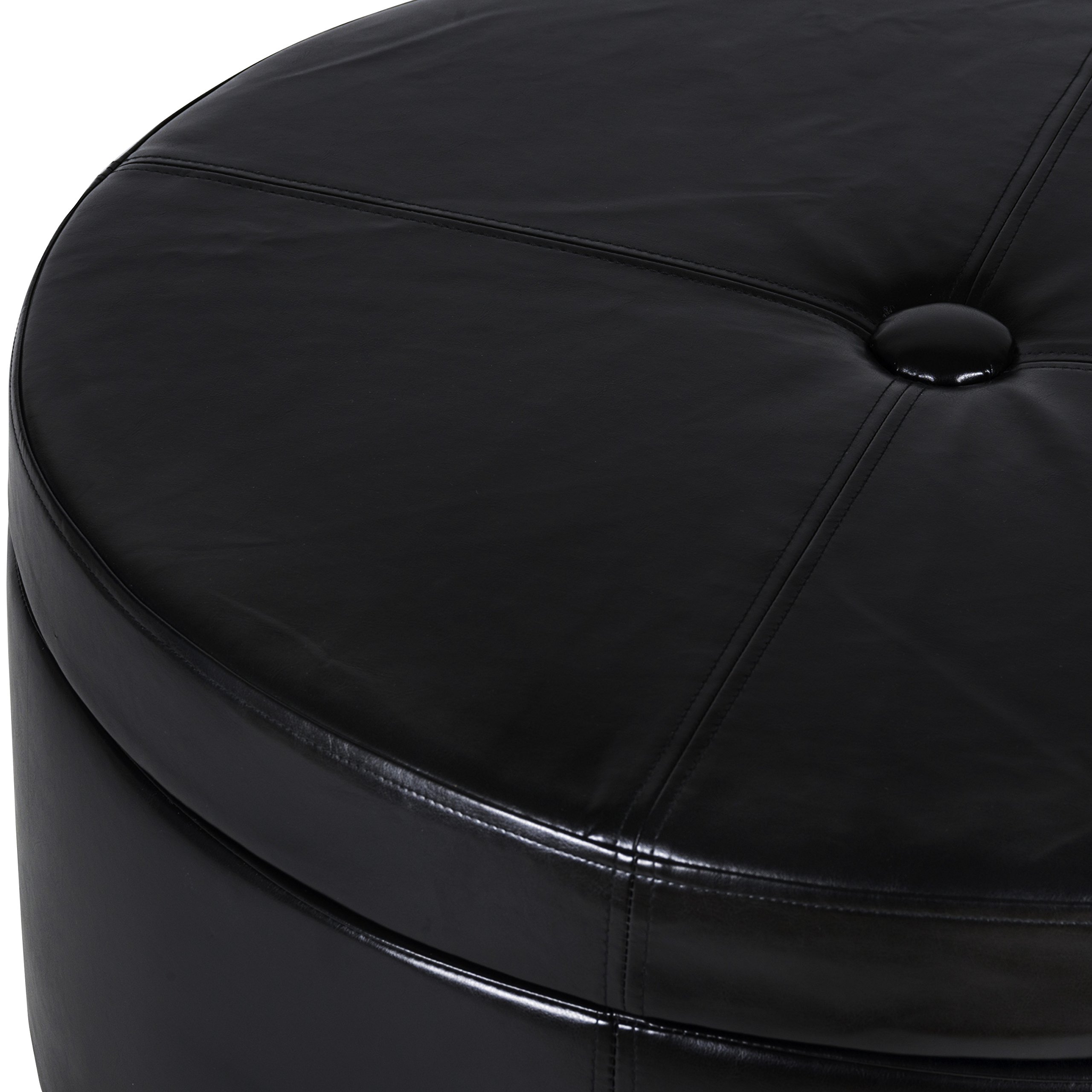 Homepop Upholstered Faux Leather Round Storage Ottoman with Tufted Button Top - Large Decorative Footstool for Living Room & Bedroom - Perfect for Extra Seating, Storage & Home Decor (Black)