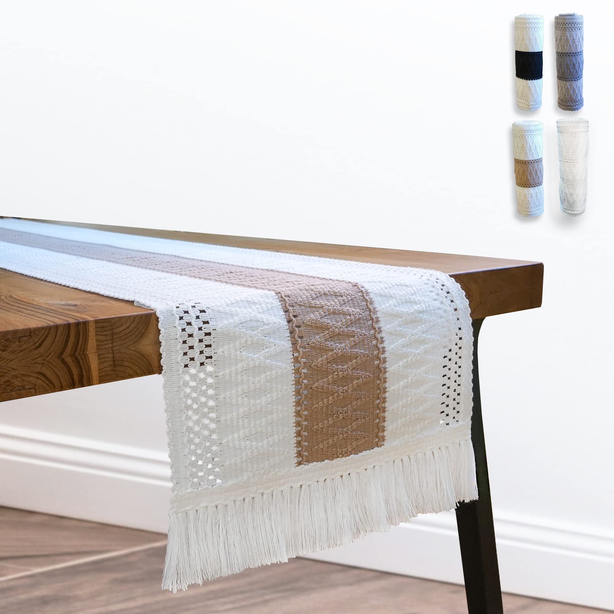 Blue Swan 72 Inch Woven Boho Table Runner - Off White & Light Brown Farmhouse Dining Table Decor - Macrame Coffee Table Runner for Rustic & Modern Home Decor (12.5 x 72 Inches) - Perfect for Weddings, Dinner Parties & Boho Chic Living Rooms