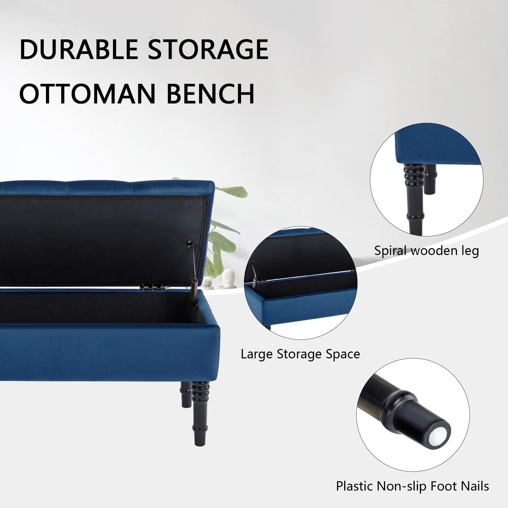Velvet Storage Bench with Tufted Upholstery - Blue Ottoman Bench for Bedroom, Entryway & Living Room - Multi-Functional Seat with Hidden Storage | Perfect for Small Spaces, Hallway Decor & Bed End Organization