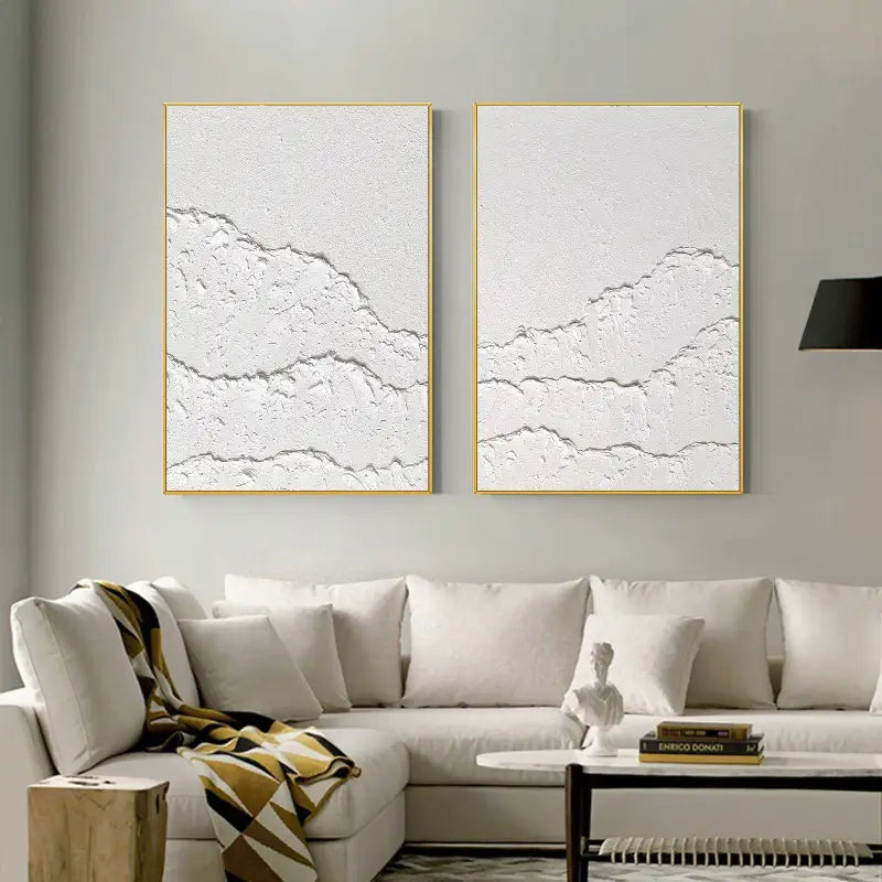 Minimalist White Textured Canvas Paintings - Set of 2 Modern Abstract Wall Art (#MM067) for Living Room, Bedroom & Office Decor