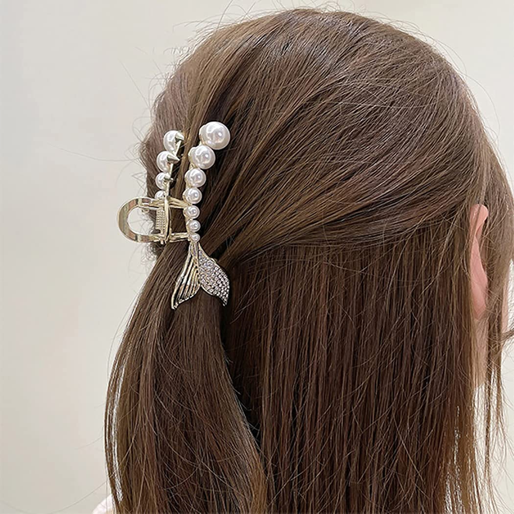 SQUICKLE Large Pearl Hair Claw Clips for Women & Girls - Strong Hold Metal Clips for Thick Long Hair, Diamond Barrettes & Hair Accessories - Perfect for Updos, Ponytails & Everyday Hairstyles