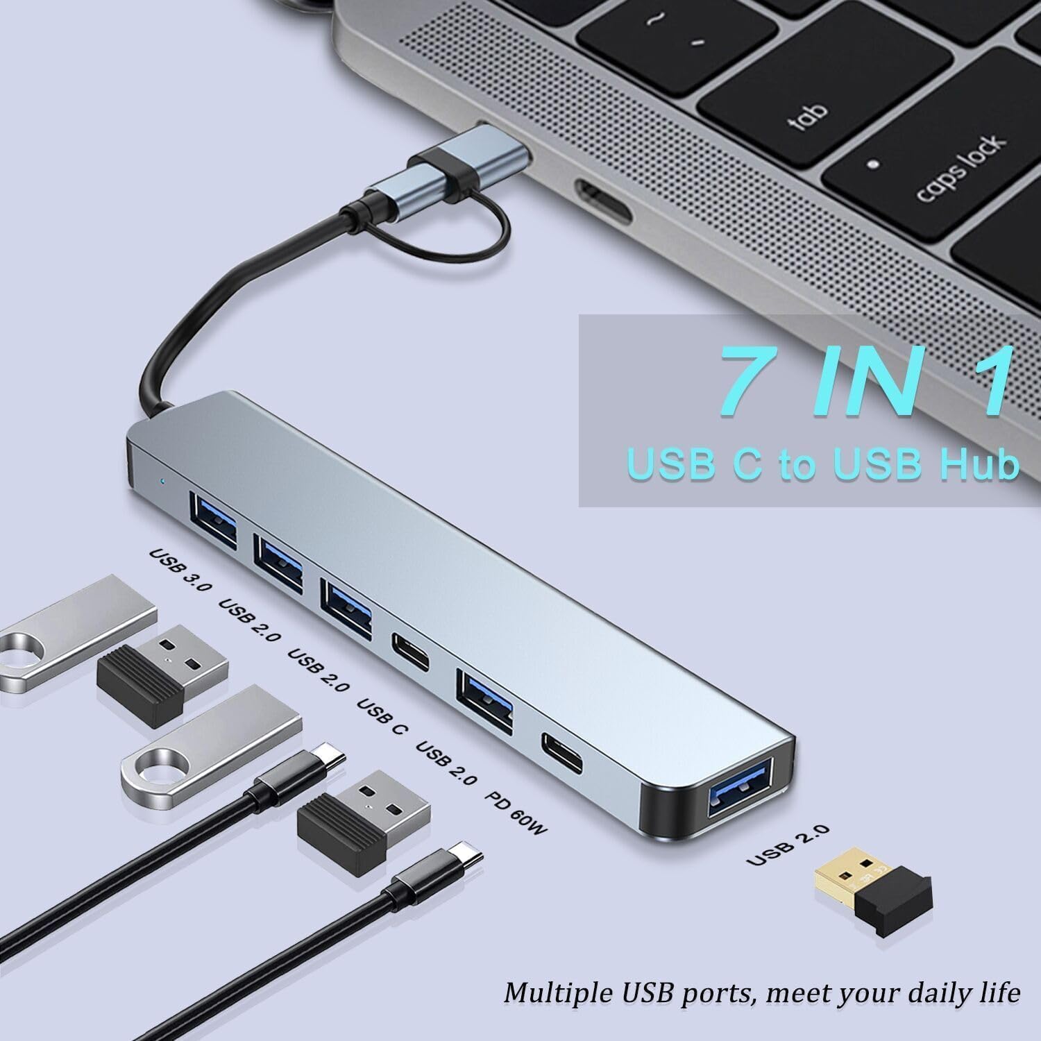 7-in-1 USB C Hub Splitter with 4 USB Ports & 2 USB-C Ports - Multi-Port Adapter for Laptop, PC, Phone, Tablet - Perfect for Home Office, Travel & Multi-Device Charging
