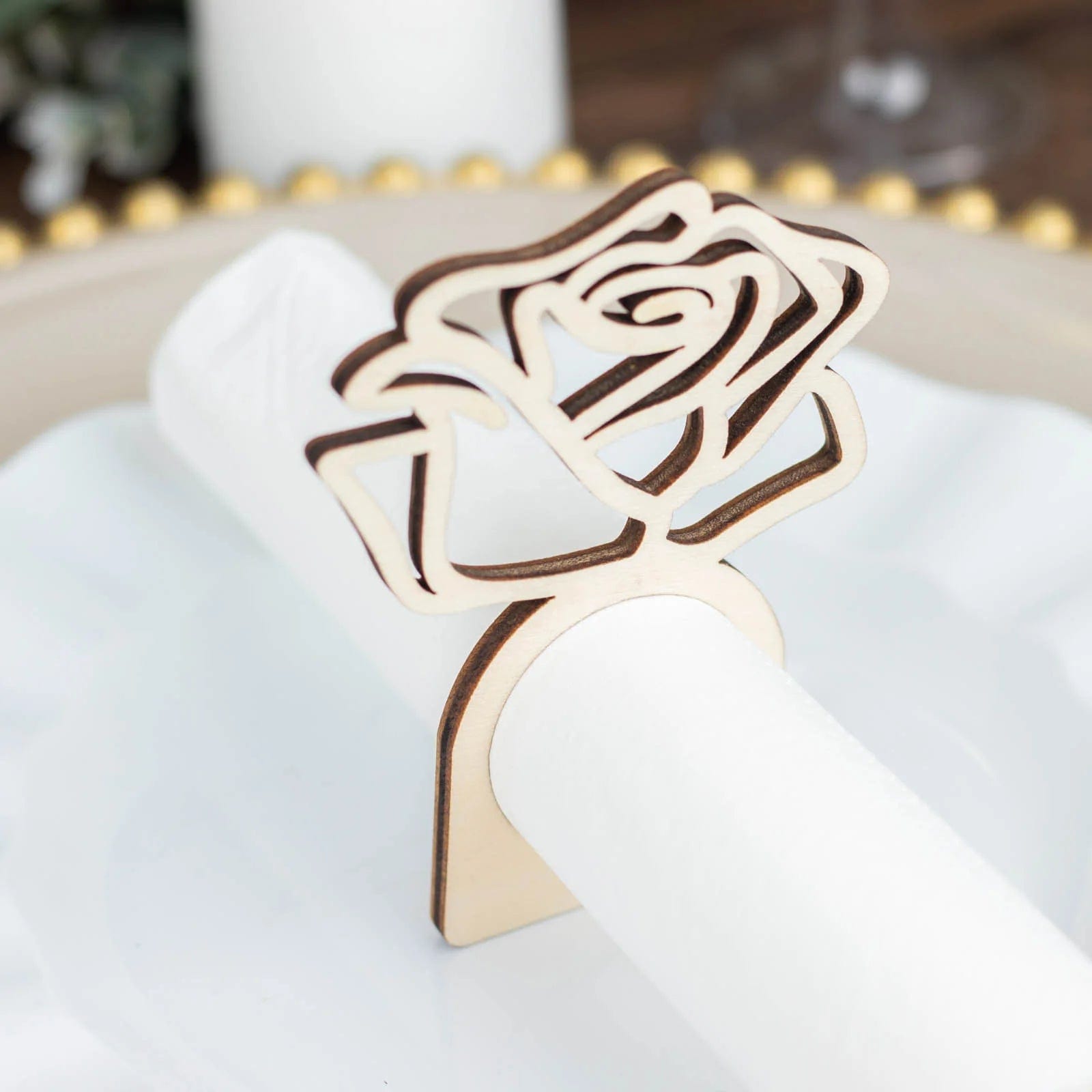 10 Pack Laser Cut Rose Design Wooden Napkin Rings - Natural Wood for Wedding, Party & Holiday Table Decor