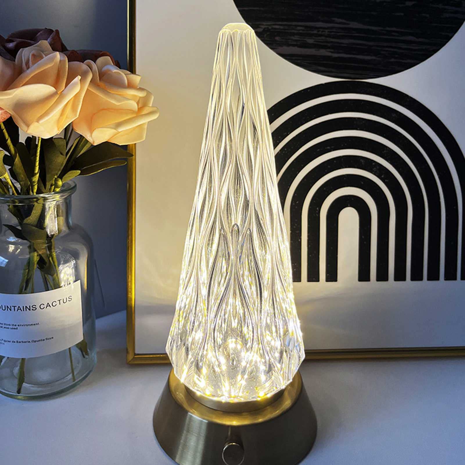 Crystal Table Lamp - LED Touch Lamp with 3 Colors Changing, Cordless 3D Diamond Acrylic Small Lamp, Remote Control, Perfect for Living Room, Bedroom, Bar, Office, and Nightstand Decor