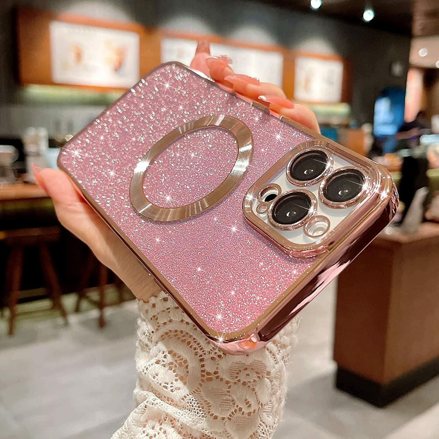 Aowner Magnetic Glitter Case for iPhone 15 Plus - Luxury Plating Bling with Camera Lens Protector | MagSafe Compatible Slim Thin Shockproof Protective Clear Phone Cover for Women & Girls | Perfect for Everyday Use, Parties & Gift Giving (Pink)