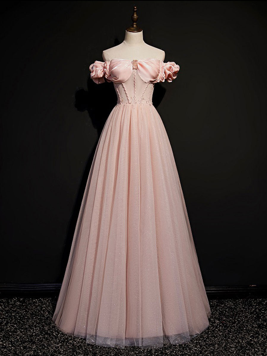 Elegant A-Line Pink Long Prom Dresses with Beading - Sparkly Tulle Formal Graduation Gowns for Women | Perfect for Homecoming, Quinceañera & Special Occasions
