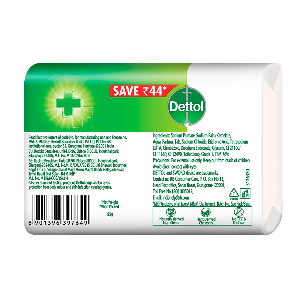 Dettol Original Antibacterial Bathing Soap - 125g (Pack of 4) | Kills Germs & Bacteria | Ideal for Daily Hygiene, Showering & Skin Protection