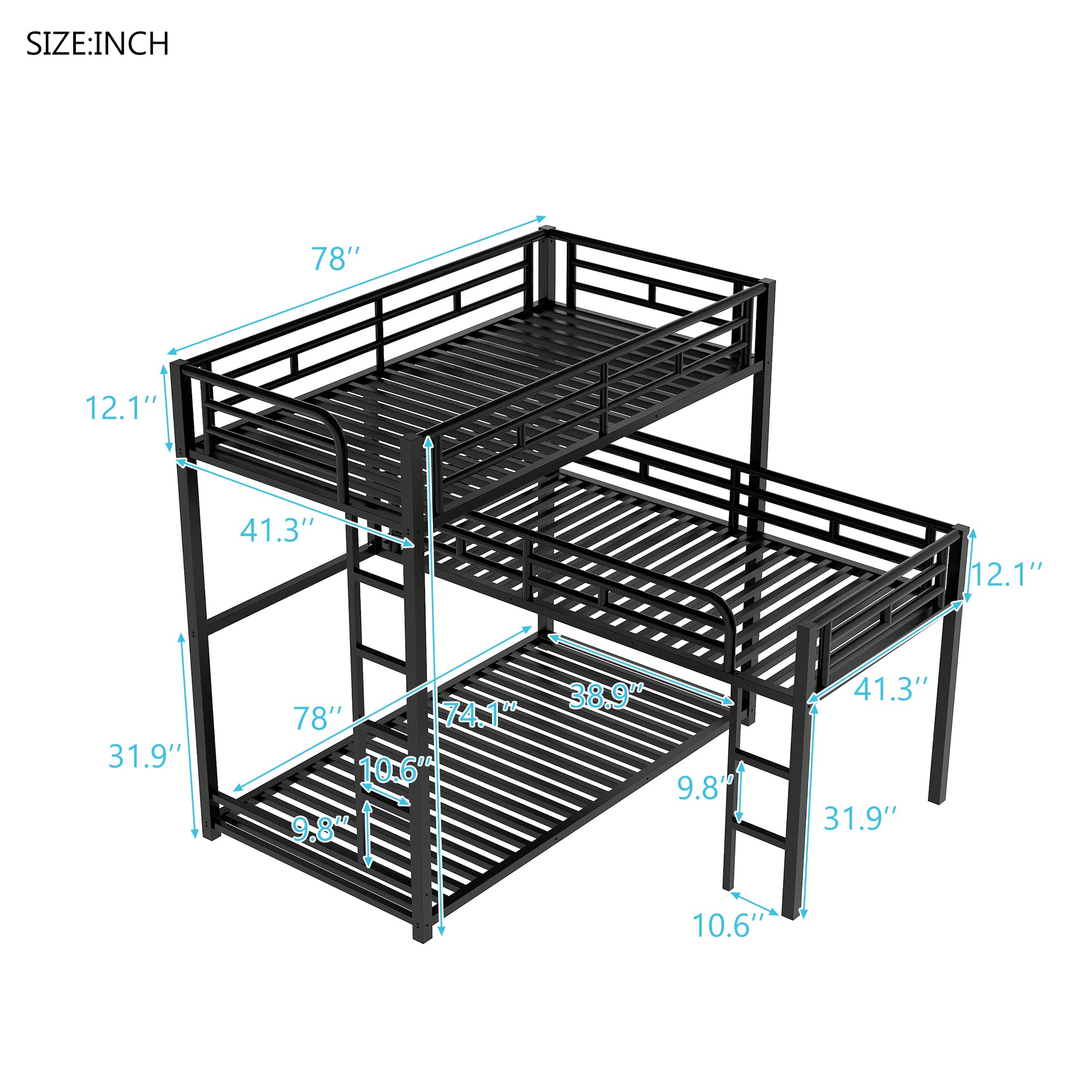 MERITLINE Metal Triple Bunk Bed for Kids & Teens - L-Shaped Twin Over Twin Bunk Bed Frame with Guardrails & Ladder - 3-in-1 Space Saving Bunk Bed for Small Rooms, Dorms, or Shared Kids' Bedrooms - Sturdy Black Metal Bunk Bed for Adults & Children