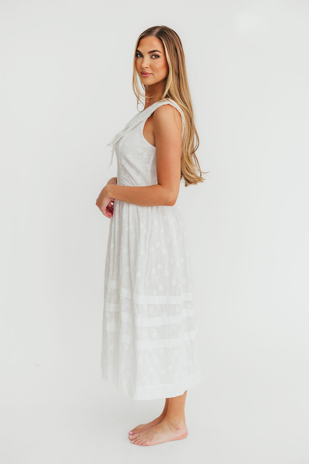 Elaine 100% Cotton Embroidered Midi Dress - White Floral Summer Dress for Women, Perfect for Beach Vacation, Garden Party & Casual Outings