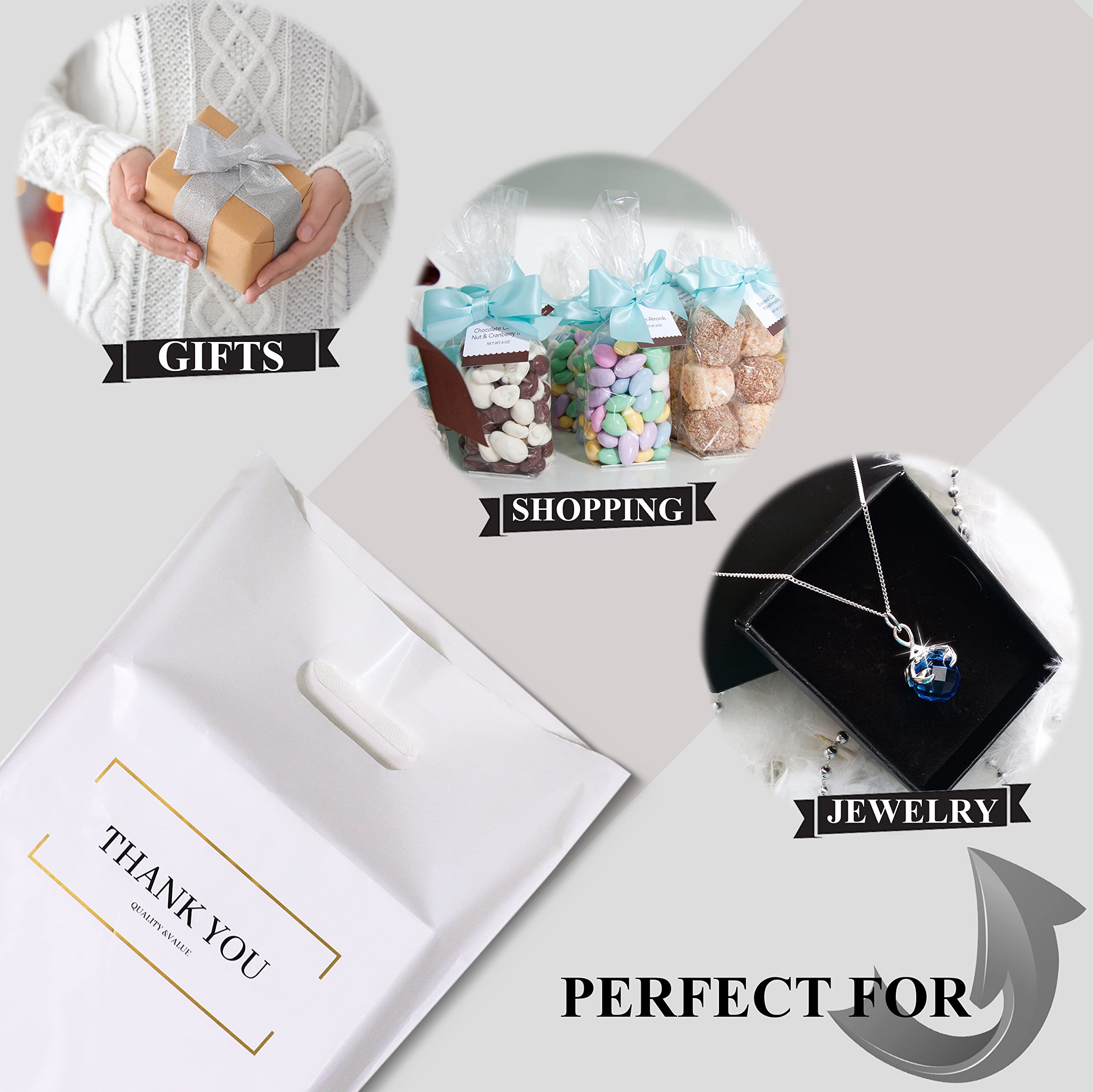 BISC Small Thank You Bags - 9x12 Inch Plastic Gift Bags (150 Pack) - Premium Die Cut Retail Shopping Bags for Boutiques, Stores & Parties - Perfect for Wedding Favors, Birthday Gifts & Customer Appreciation (White, 9*12 Inches, 150pcs)