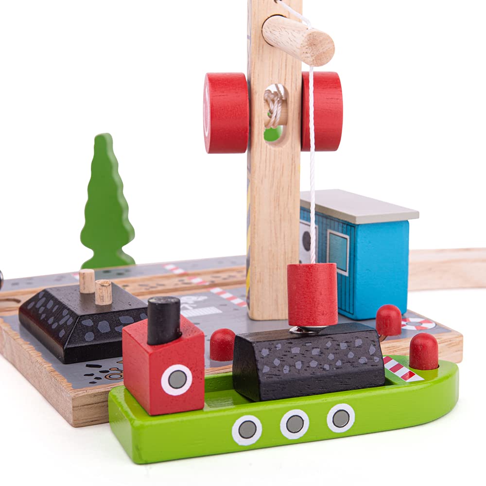 Bigjigs Rail Coal Canal Docks Wooden Train Track Accessories Set with Working Crane - Compatible with Kids Train Sets | Perfect for Imaginative Play & Wooden Railway Layouts