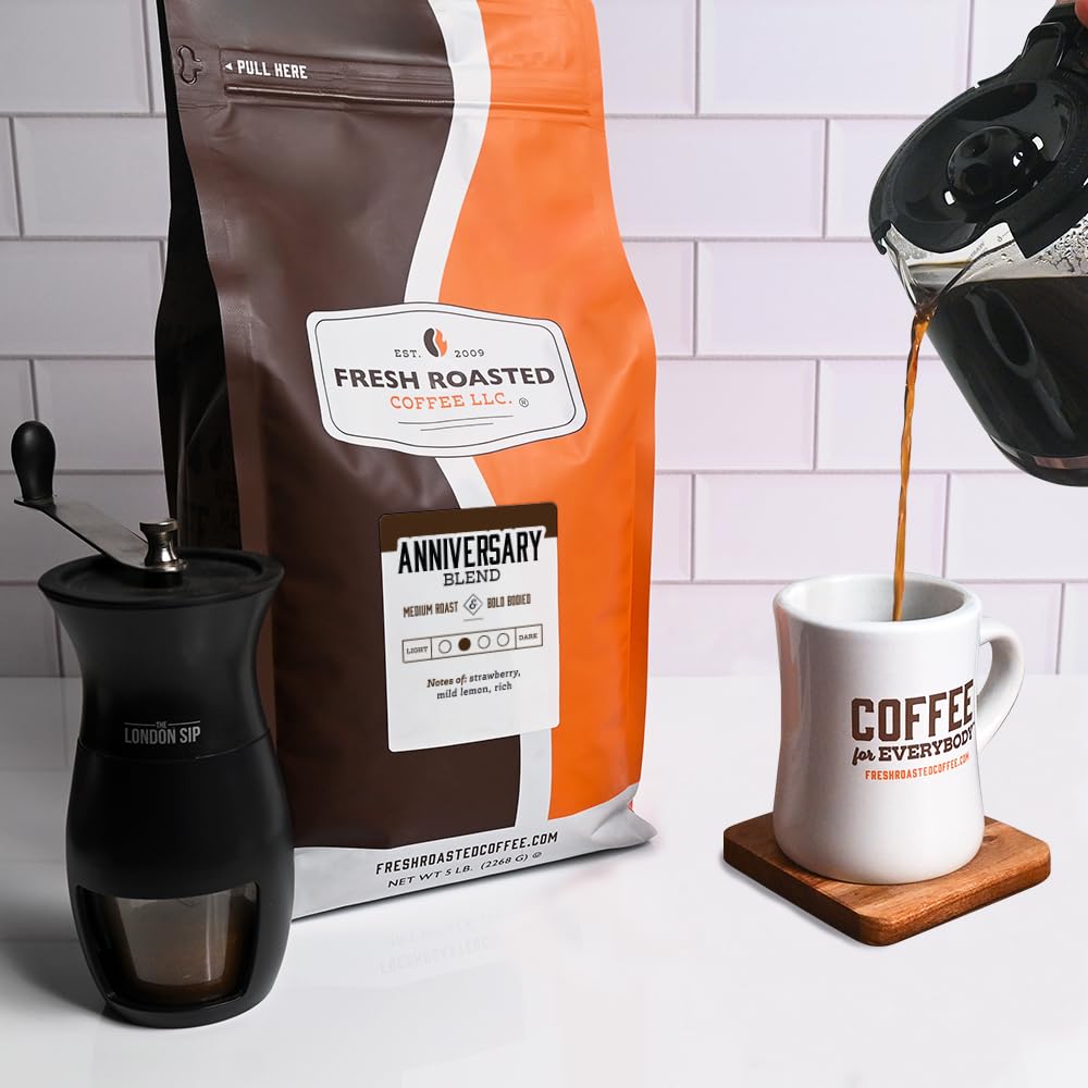Fresh Roasted Anniversary Blend Coffee - Medium Roast, Kosher Certified, 5 lb (80 oz) Ground Coffee - Perfect for Gifts, Office Use & Daily Brewing