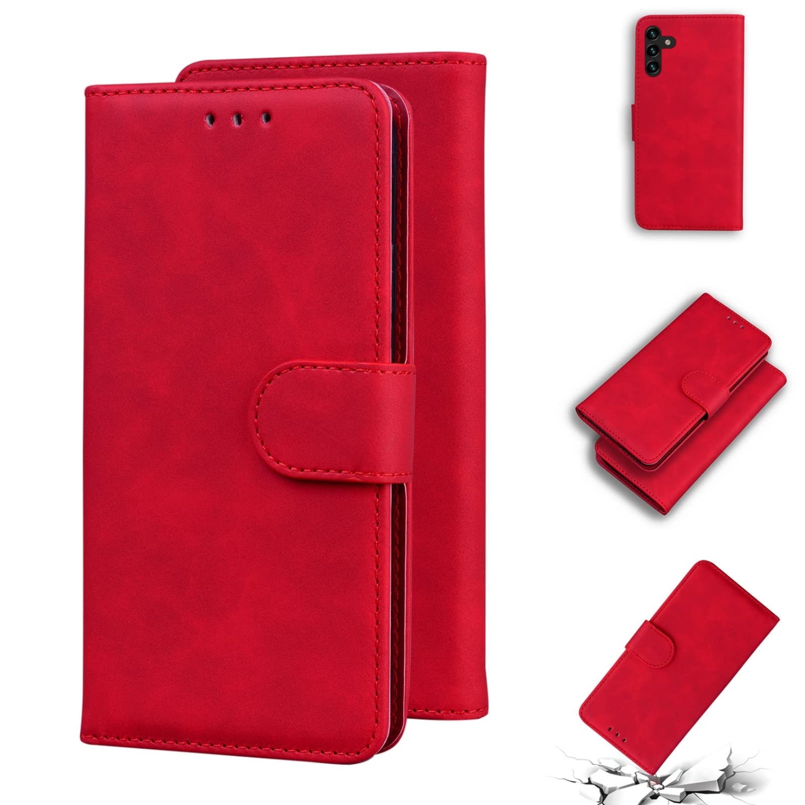 Samsung Galaxy A13 5G Leather Phone Case - Premium Flip Cover with Skin Feel & Pure Color (Red) | Slim Protective Case for Everyday Use & Business Meetings