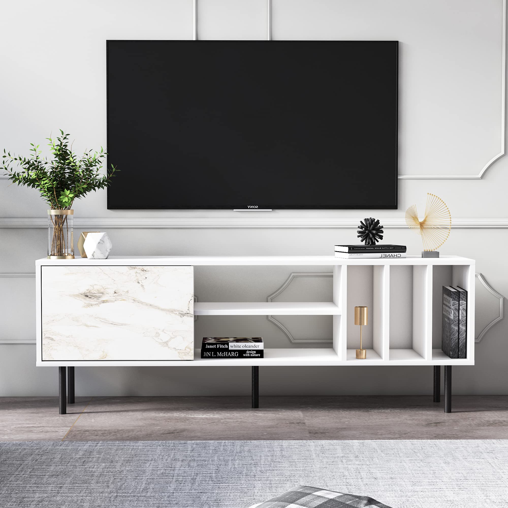 Modern Mid-Century TV Stand for 75 Inch TV - White Marble Entertainment Center & Media Console Table (63