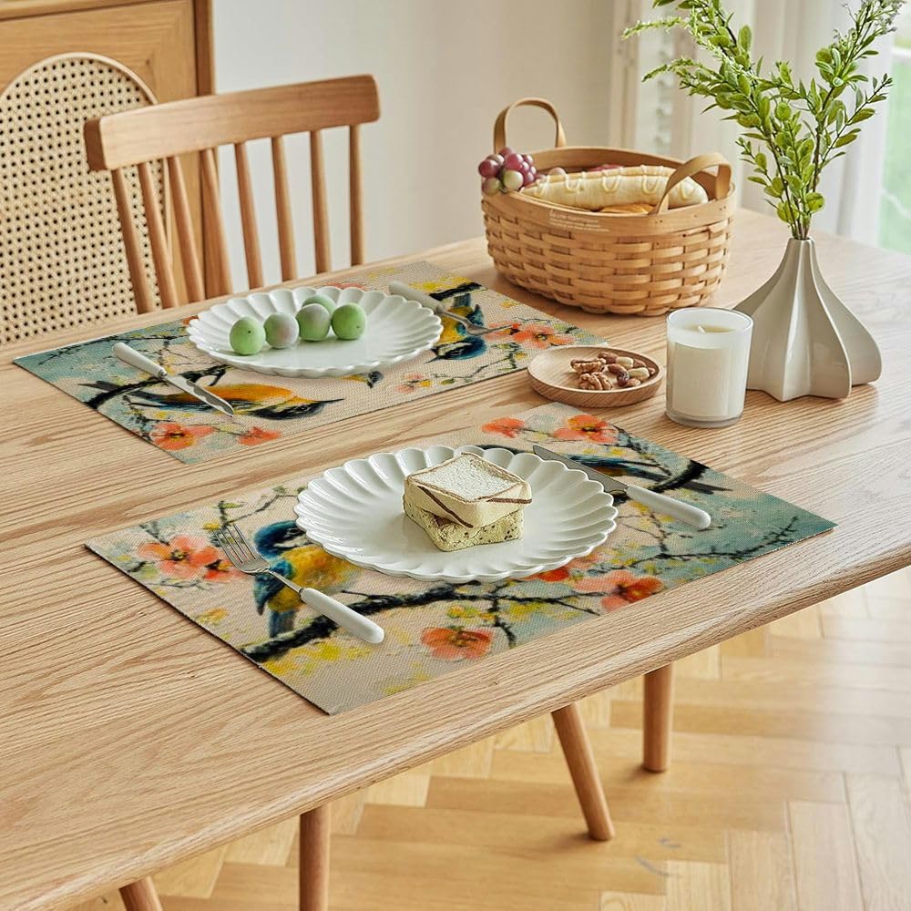 Lemon Tree Farmhouse Placemats Set - Waterproof Washable Kitchen Table Mats with Rustic Bird & Flower Design (18x12 Inch) for Dining Room Decor, Party, and Outdoor Picnic Use