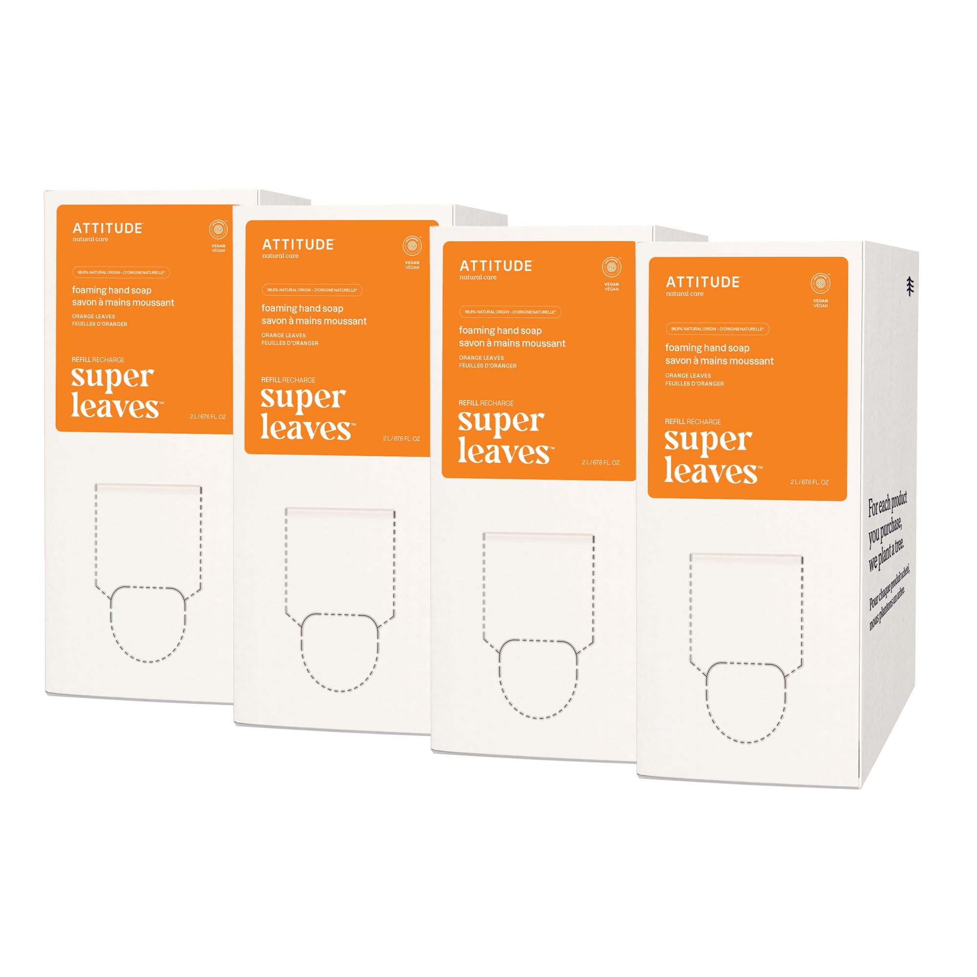 ATTITUDE Bulk Refill for Foaming Hand Soap Dispenser - EWG Verified, Dermatologist Tested, Vegan, Plant & Mineral Based (Orange Leaves Scent, 67.62 Fl Oz, Pack of 4) | Gentle Hand Cleanser for Home, Office & Public Spaces