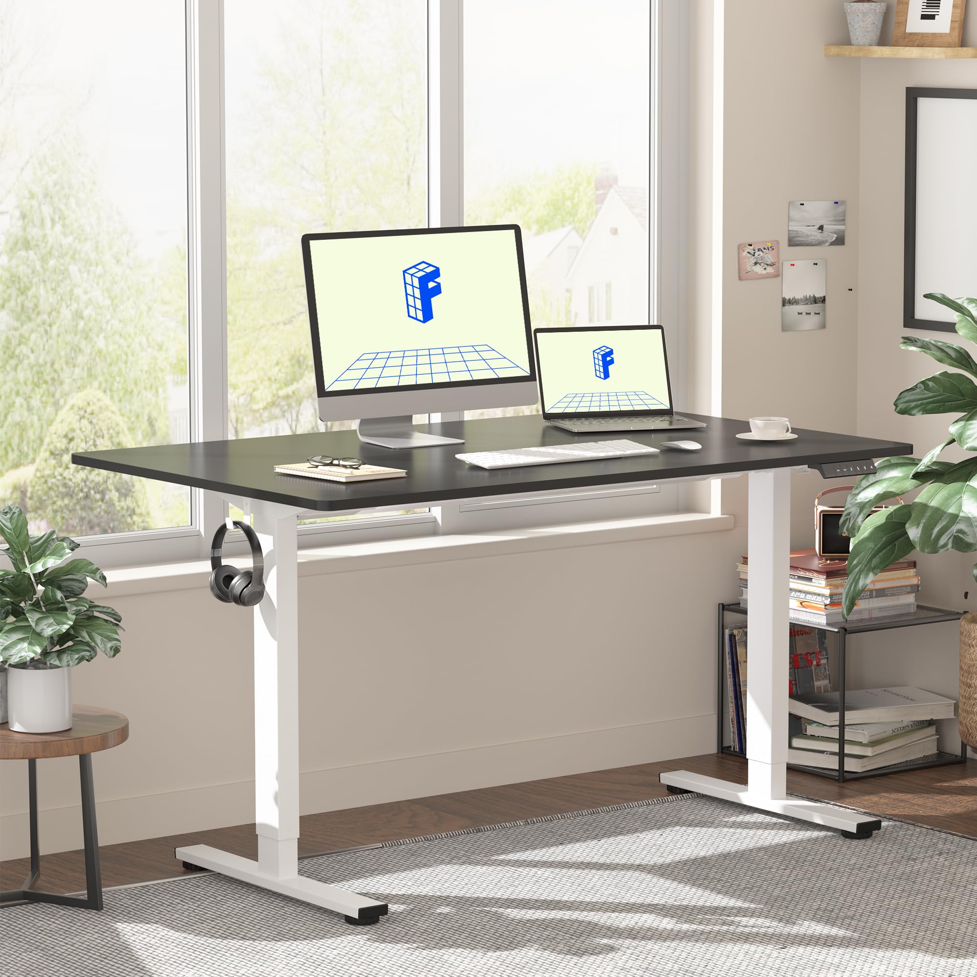 FLEXISPOT EN1 Electric Standing Desk 48 x 24 Inch - Adjustable Height Computer Desk for Home Office, White Frame & Black Top (2-Pack) | Ergonomic Sit Stand Workstation for Gaming, Studying & Remote Work