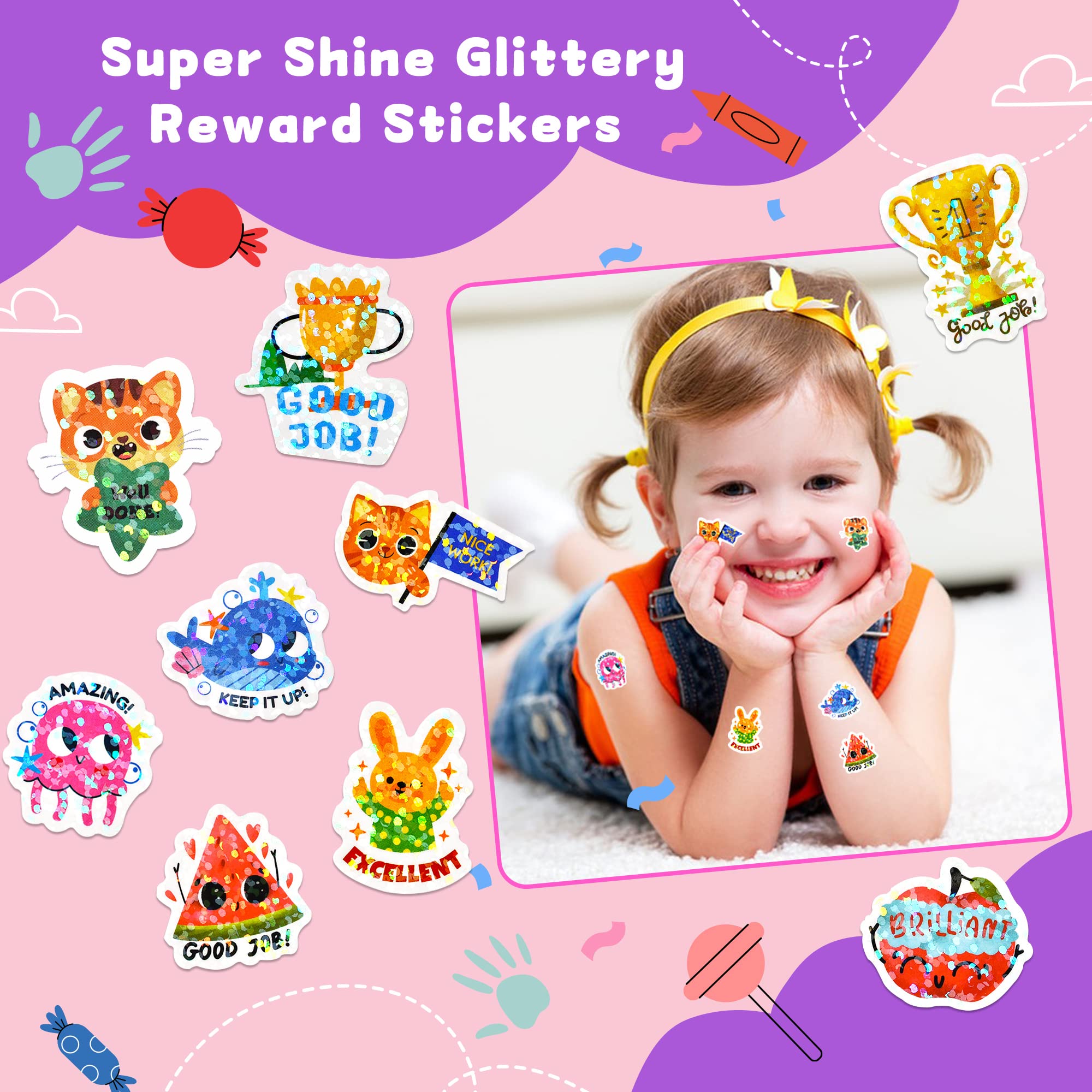 1300+ PCS Glitter Reward Stickers for Kids - Cute Animal Motivational Stickers for Toddlers, Classroom Teacher Supplies & Student Incentives | Perfect for School Projects, Behavior Charts, and Homeschool Activities
